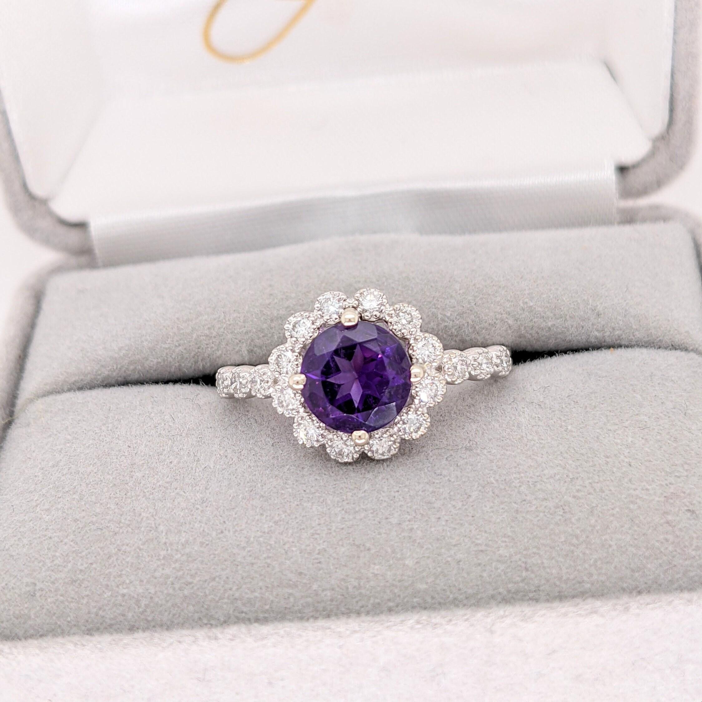 Women's 1.2ct Deep Purple Amethyst Ring w Earth Mined Diamonds in Solid 14k Gold For Sale