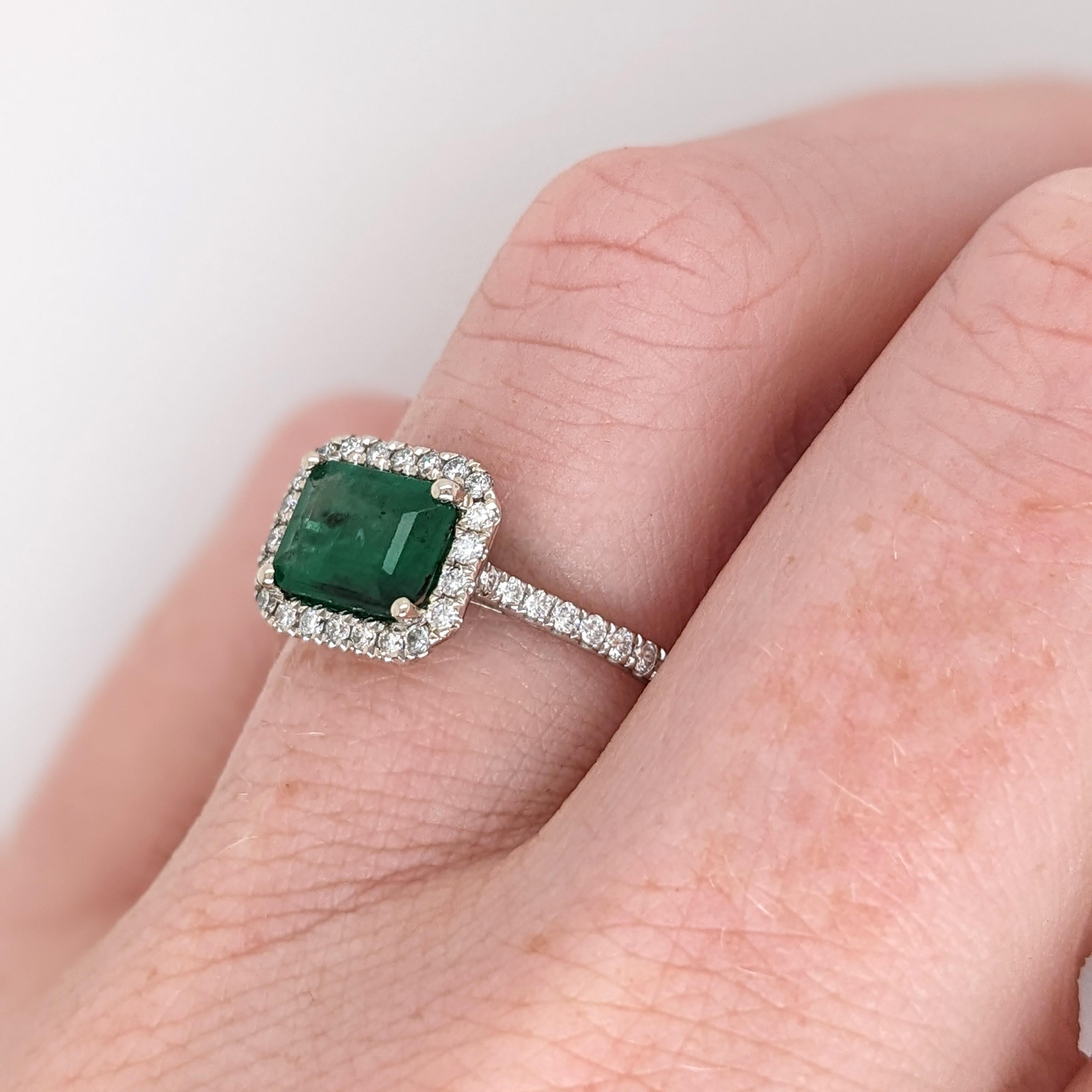 Art Deco 1.2ct East West Emerald Ring w Natural Diamonds in Solid 14K White Gold EM 8x6mm For Sale