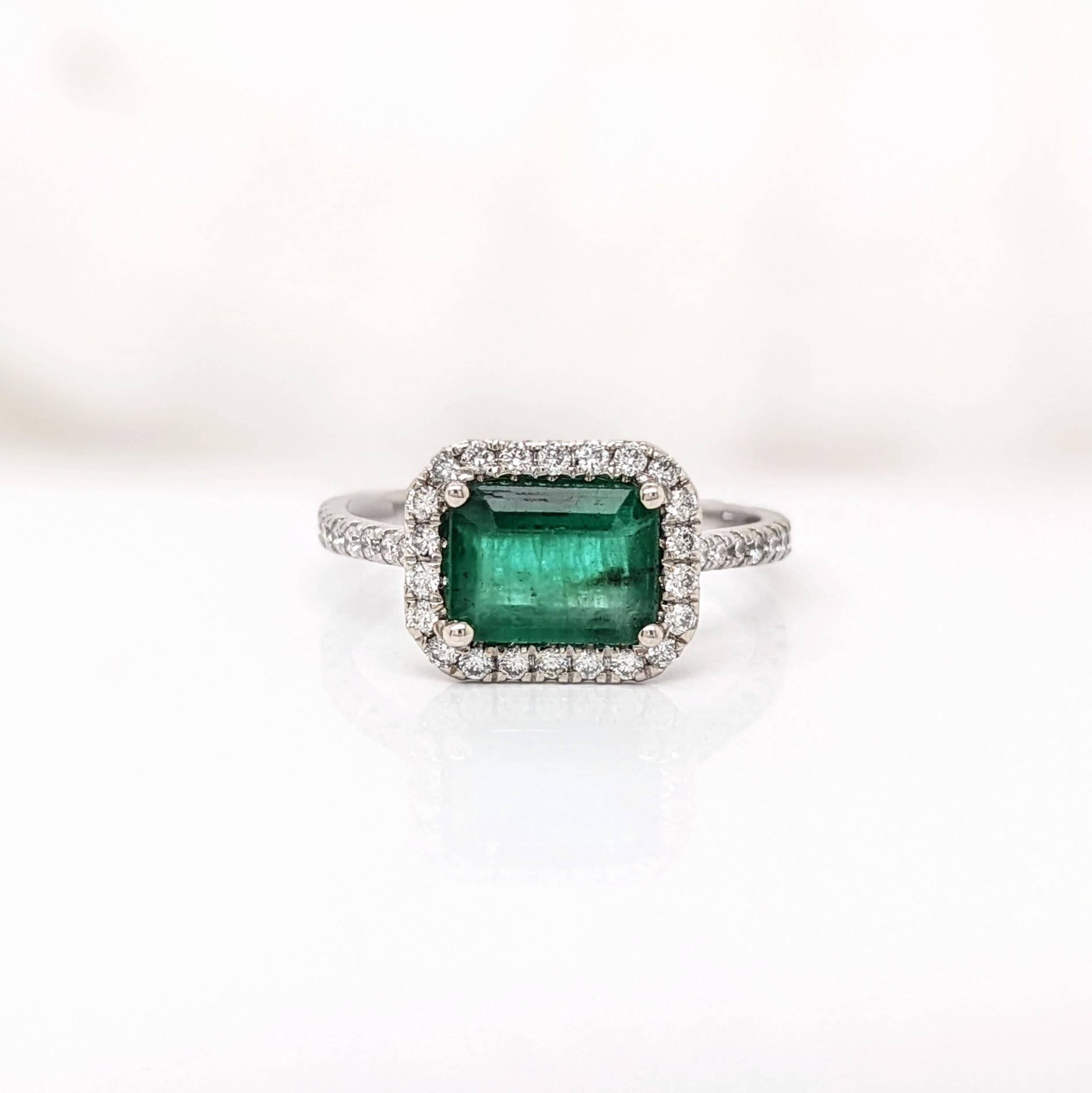 Emerald Cut 1.2ct East West Emerald Ring w Natural Diamonds in Solid 14K White Gold EM 8x6mm For Sale
