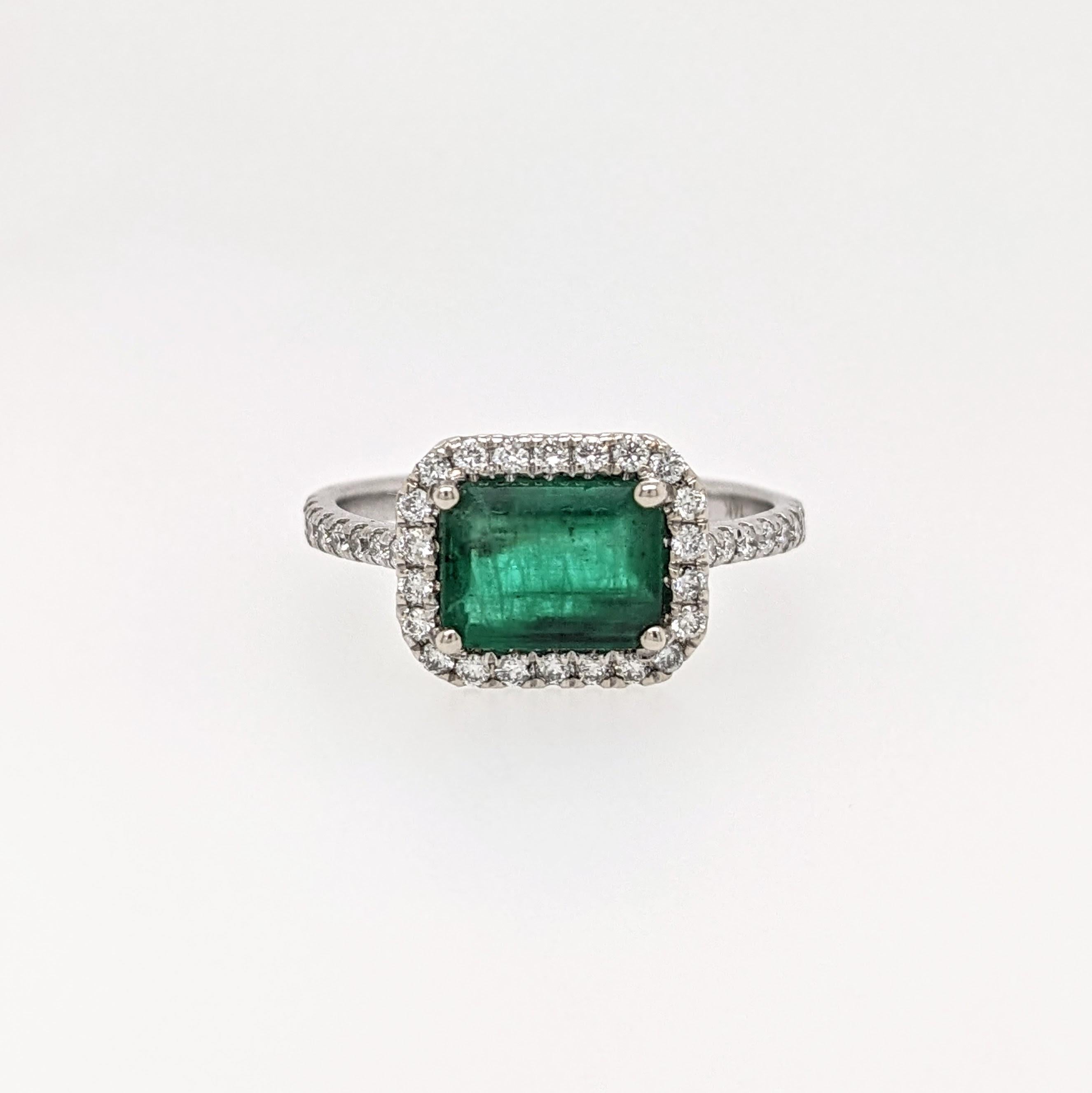 Emerald Cut 1.2ct East West Emerald Ring w Natural Diamonds in Solid 14K White Gold EM 8x6mm For Sale