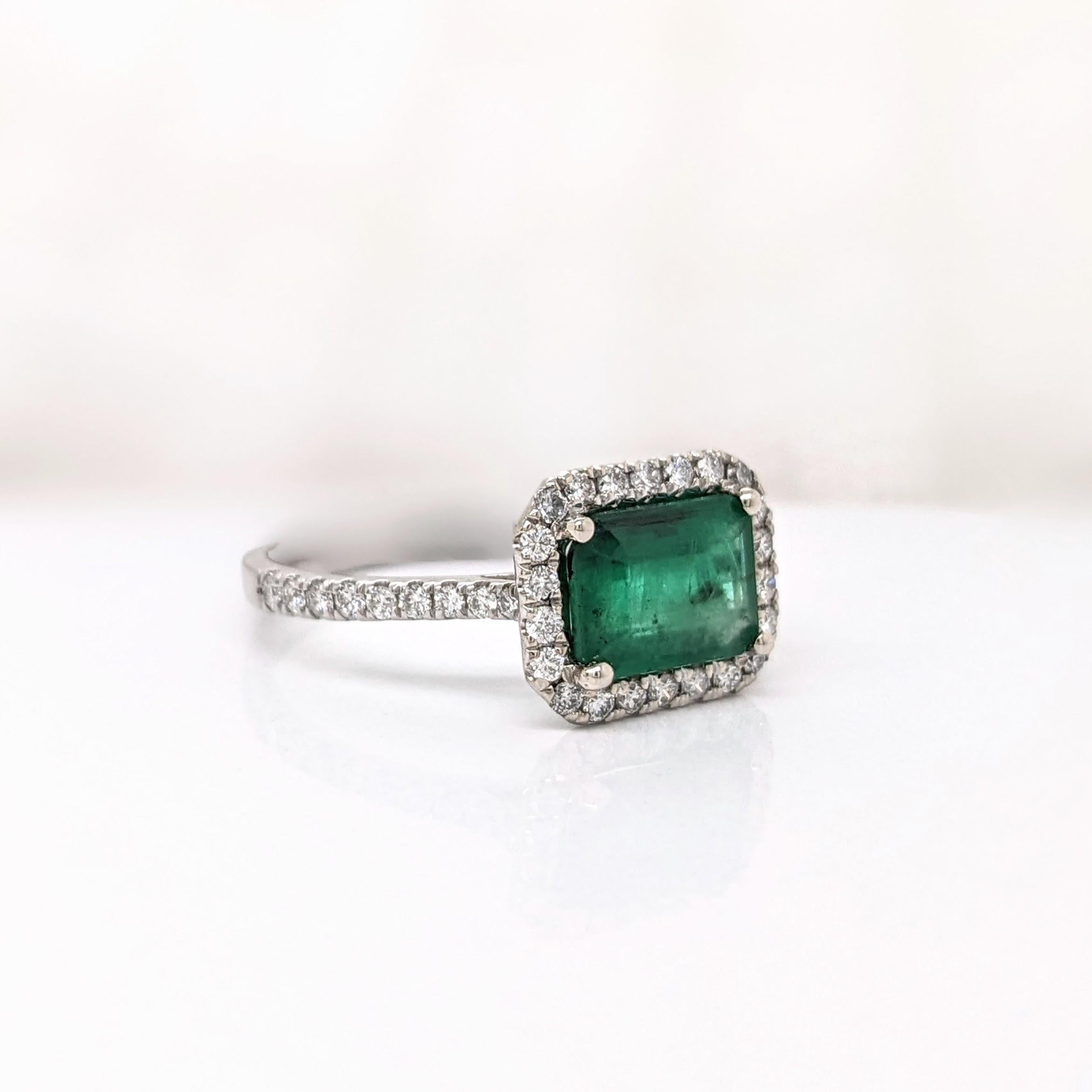 1.2ct East West Emerald Ring w Natural Diamonds in Solid 14K White Gold EM 8x6mm For Sale 1