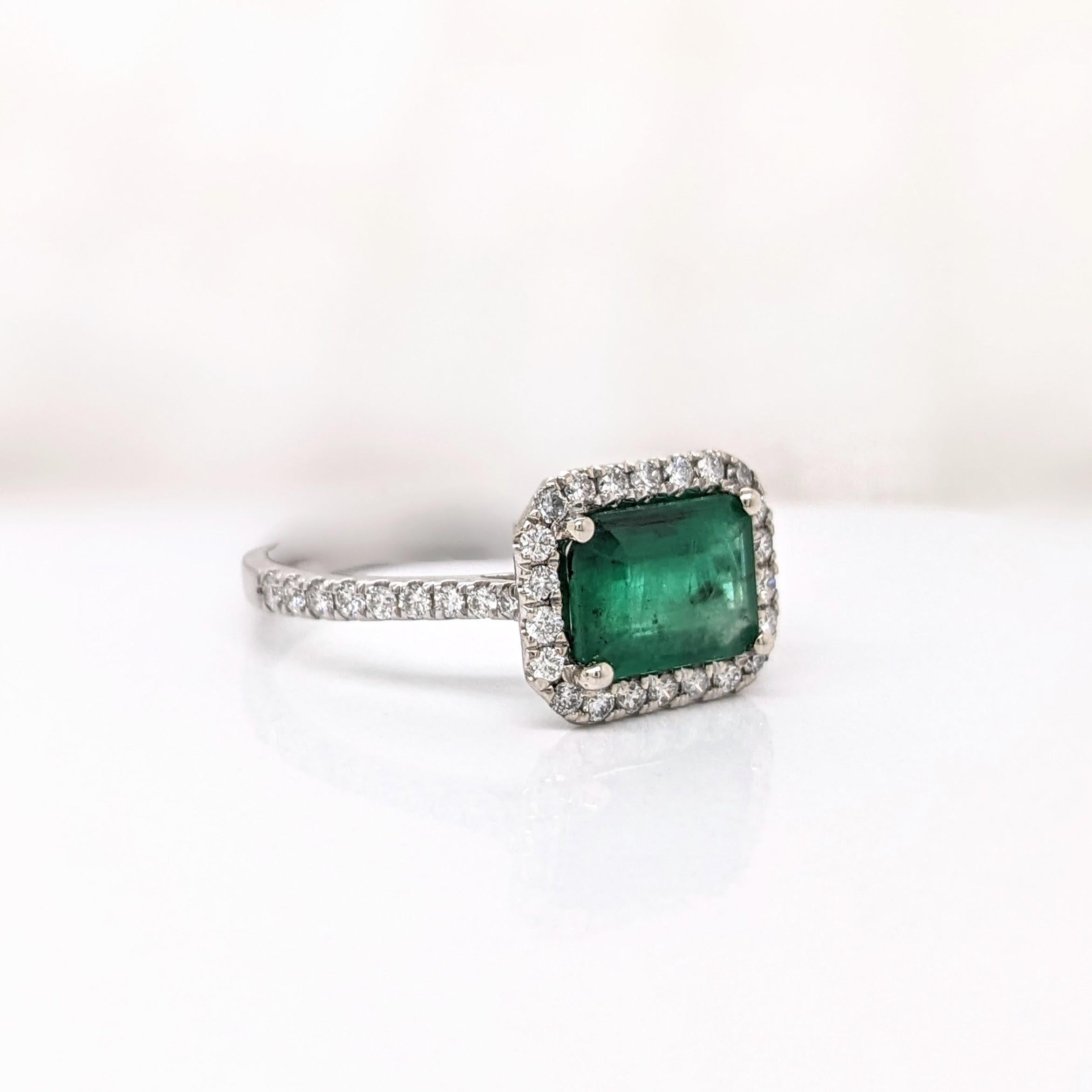 1.2ct East West Emerald Ring w Natural Diamonds in Solid 14K White Gold EM 8x6mm For Sale 2