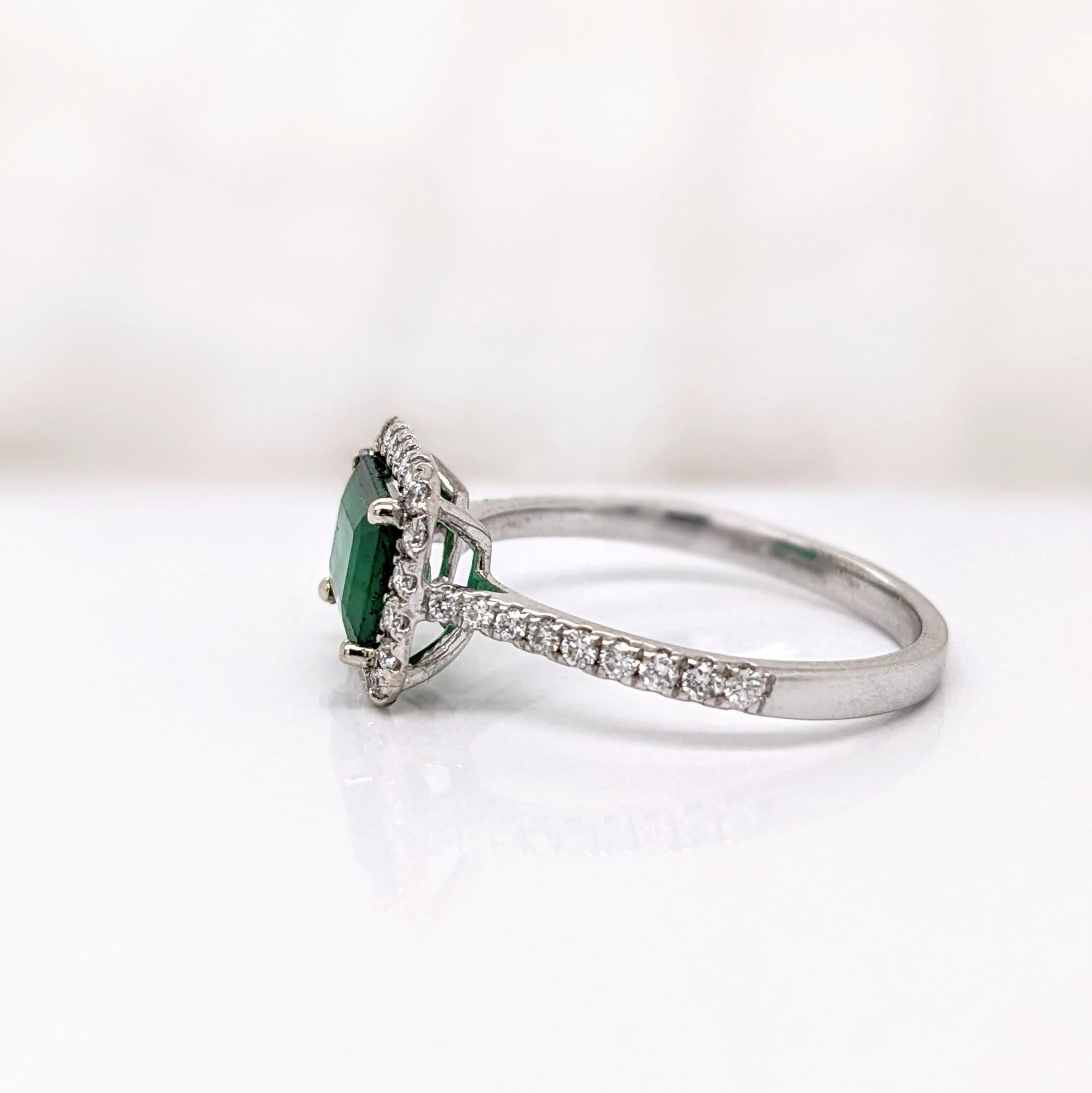 1.2ct East West Emerald Ring w Natural Diamonds in Solid 14K White Gold EM 8x6mm For Sale 2