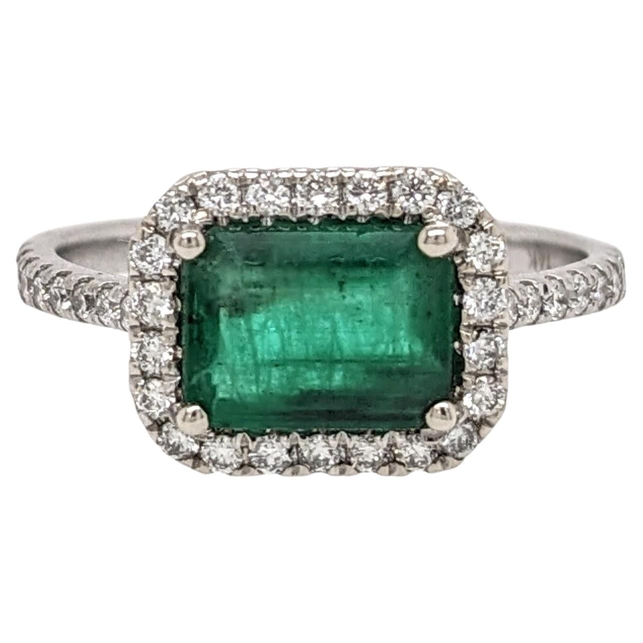 1.2ct East West Emerald Ring w Natural Diamonds in Solid 14K White Gold EM 8x6mm For Sale