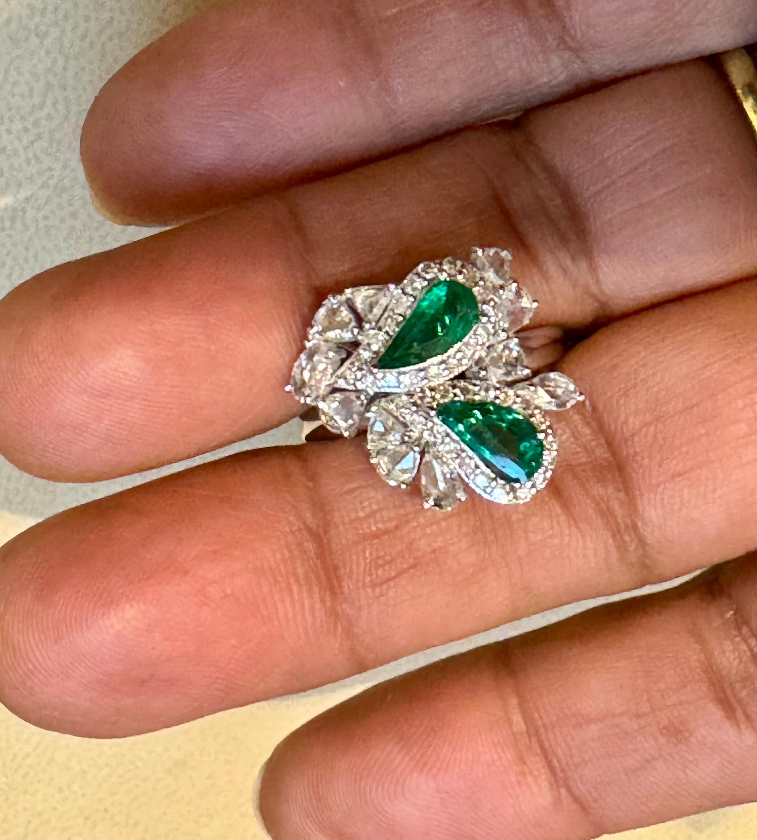 Pear Cut 1.2Ct Finest Zambian Fancy pear  Emerald & 1.3 Ct Diamond Ring, 18 Kt Gold , 7 For Sale
