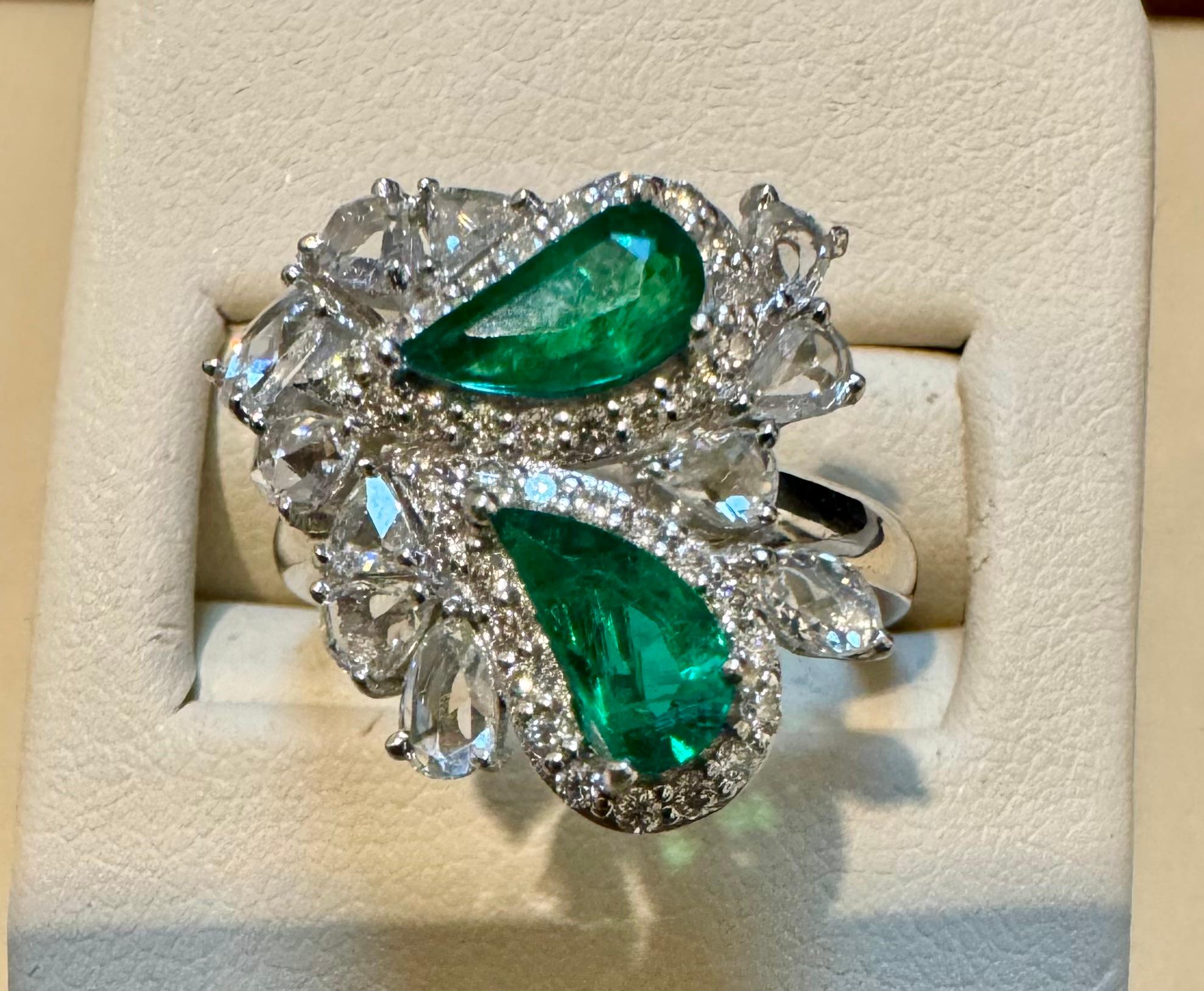 Women's 1.2Ct Finest Zambian Fancy pear  Emerald & 1.3 Ct Diamond Ring, 18 Kt Gold , 7 For Sale