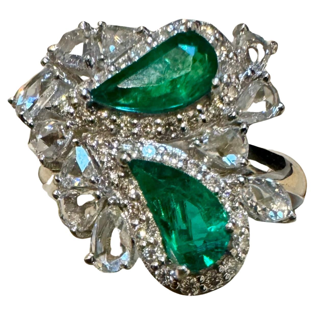 1.2Ct Finest Zambian Fancy pear  Emerald & 1.3 Ct Diamond Ring, 18 Kt Gold , 7