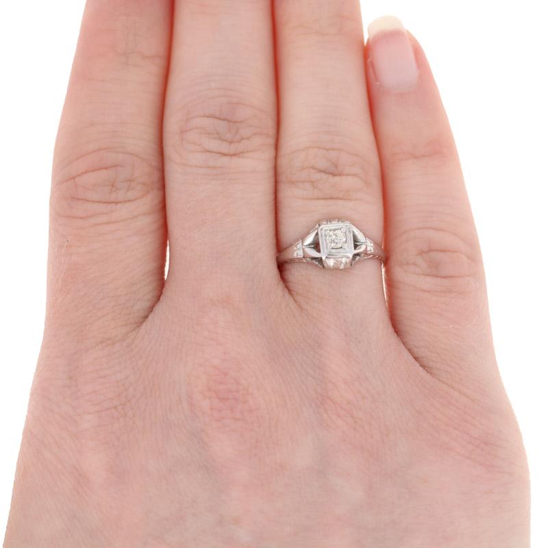 Single Cut .12ct Mine Cut Diamond Art Deco Engagement Ring 18k White Gold Vintage Solitaire