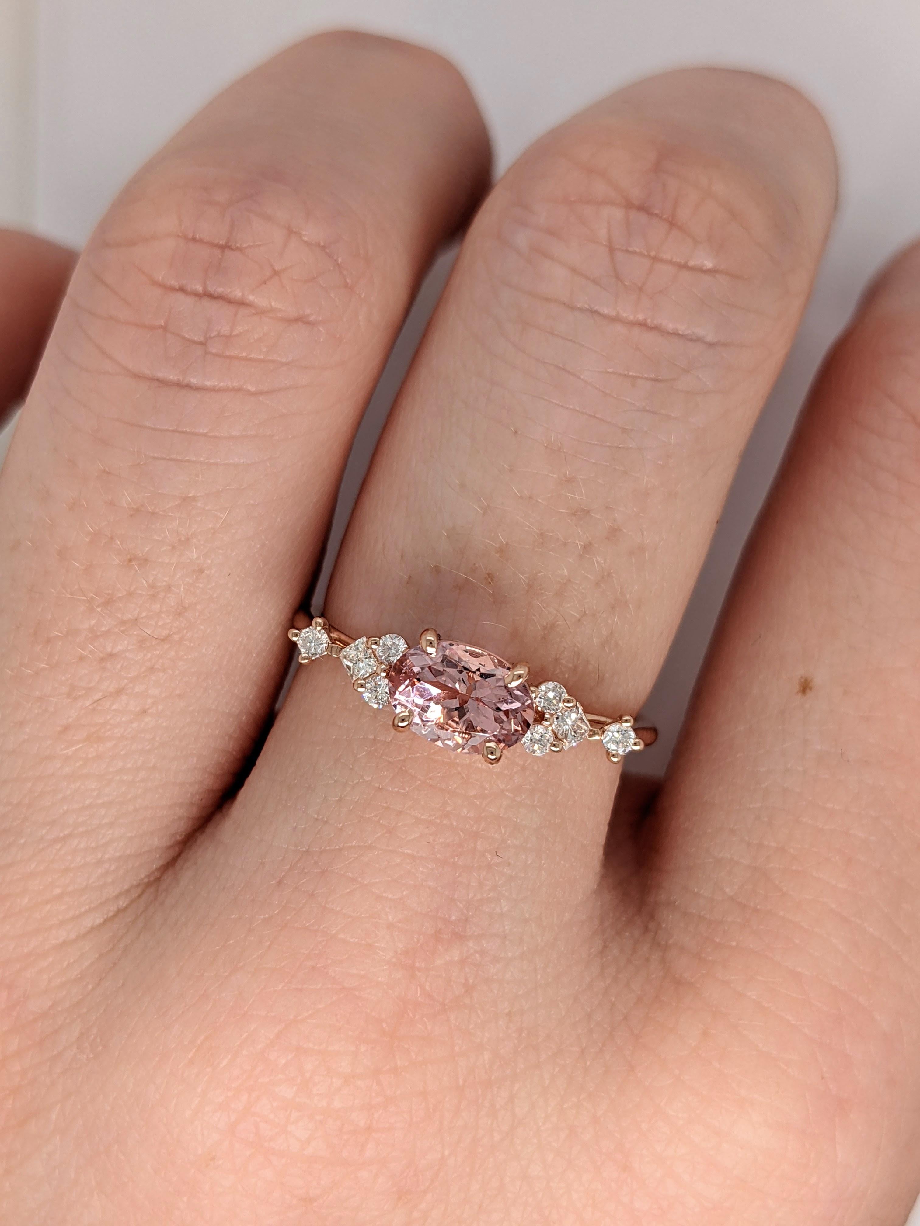 Oval Cut 1.2ct Morganite Ring with Diamond Accents in Solid 14K Rose Gold Oval 9x7mm For Sale