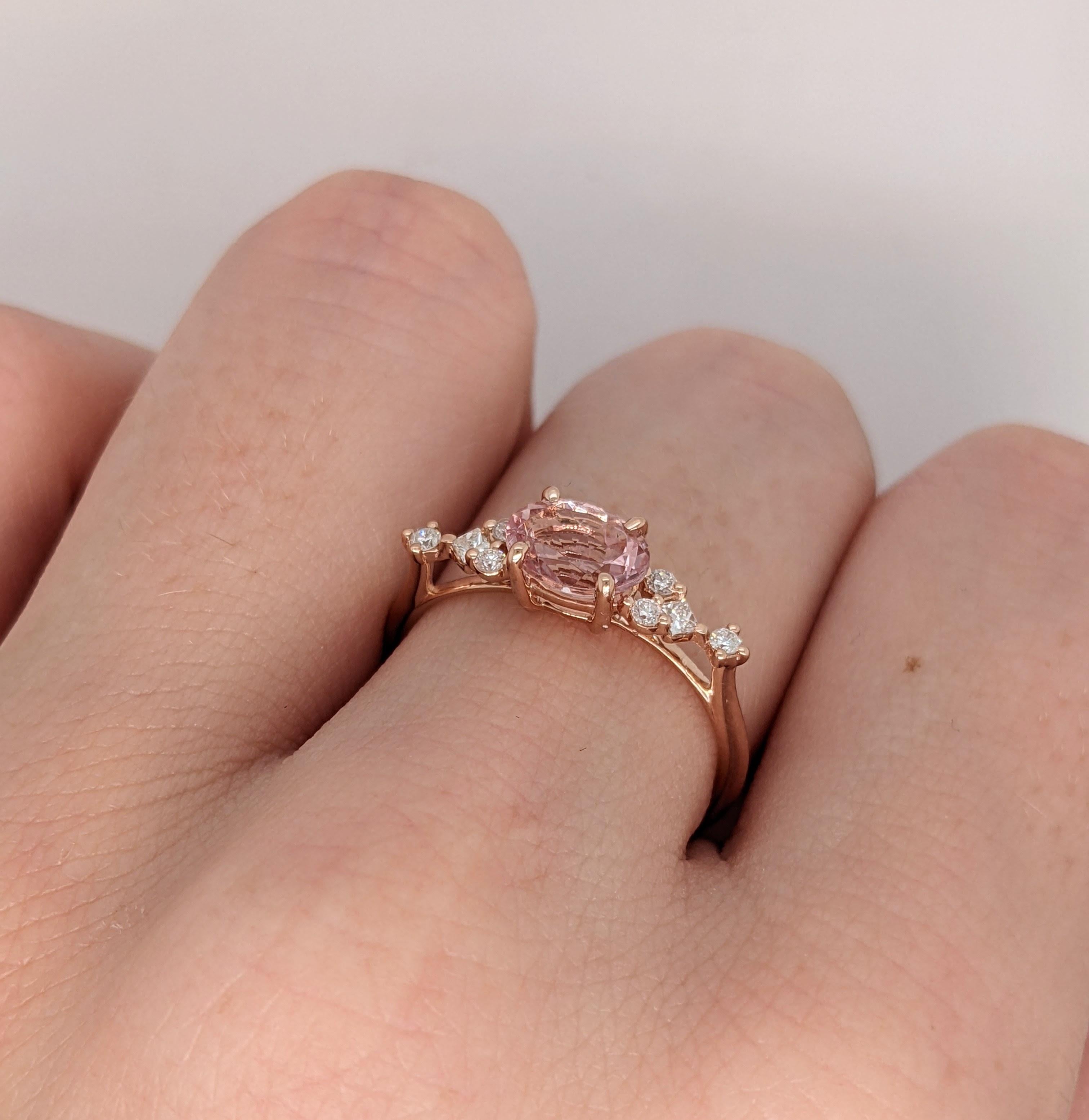 Women's 1.2ct Morganite Ring with Diamond Accents in Solid 14K Rose Gold Oval 9x7mm For Sale