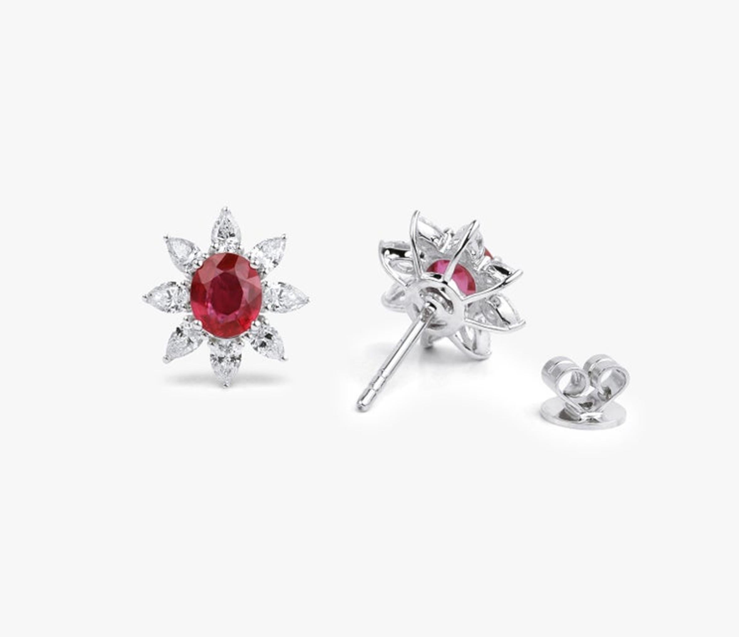 Women's 1.2ct Natural Oval-Cut Ruby & Pear Diamond Halo Stud Earrings in 18K White Gold For Sale