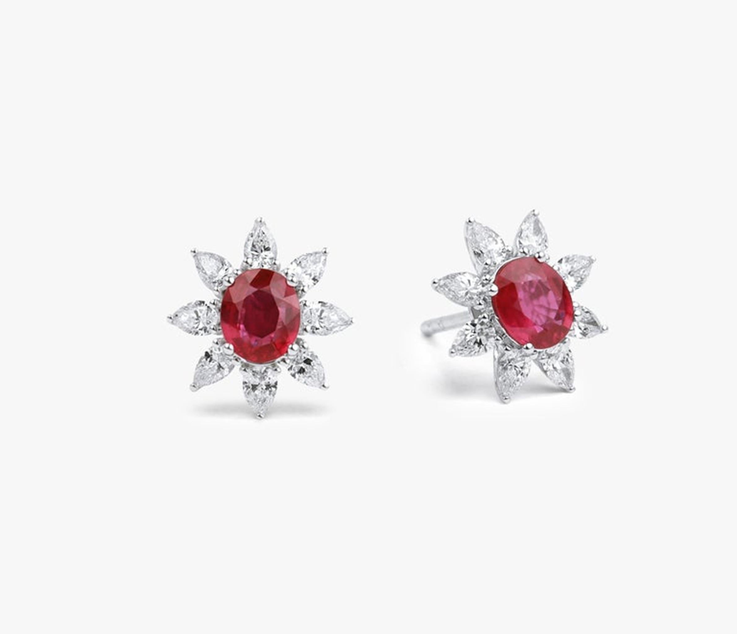 1.2ct Natural Oval-Cut Ruby & Pear Diamond Halo Stud Earrings in 18K White Gold For Sale 1