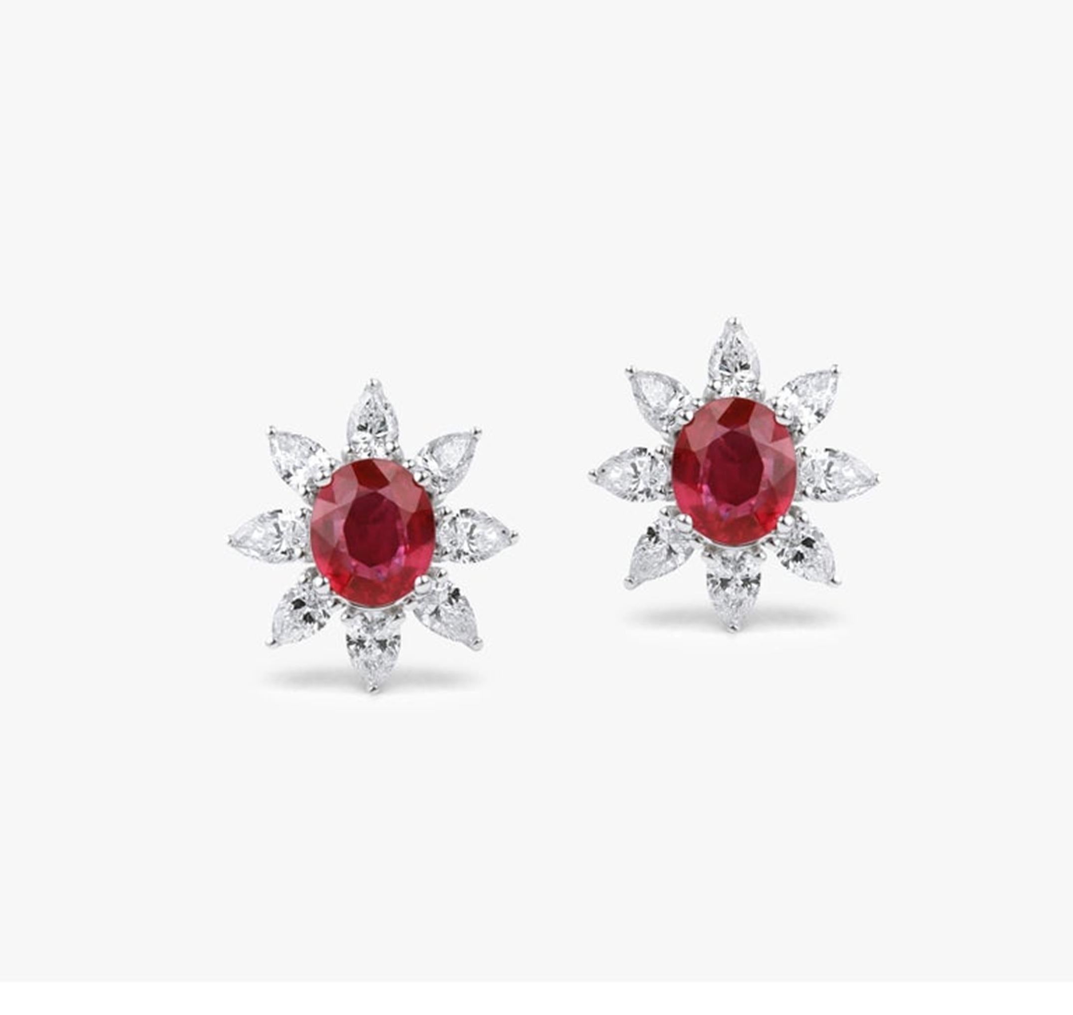 1.2ct Natural Oval-Cut Ruby & Pear Diamond Halo Stud Earrings in 18K White Gold For Sale 2