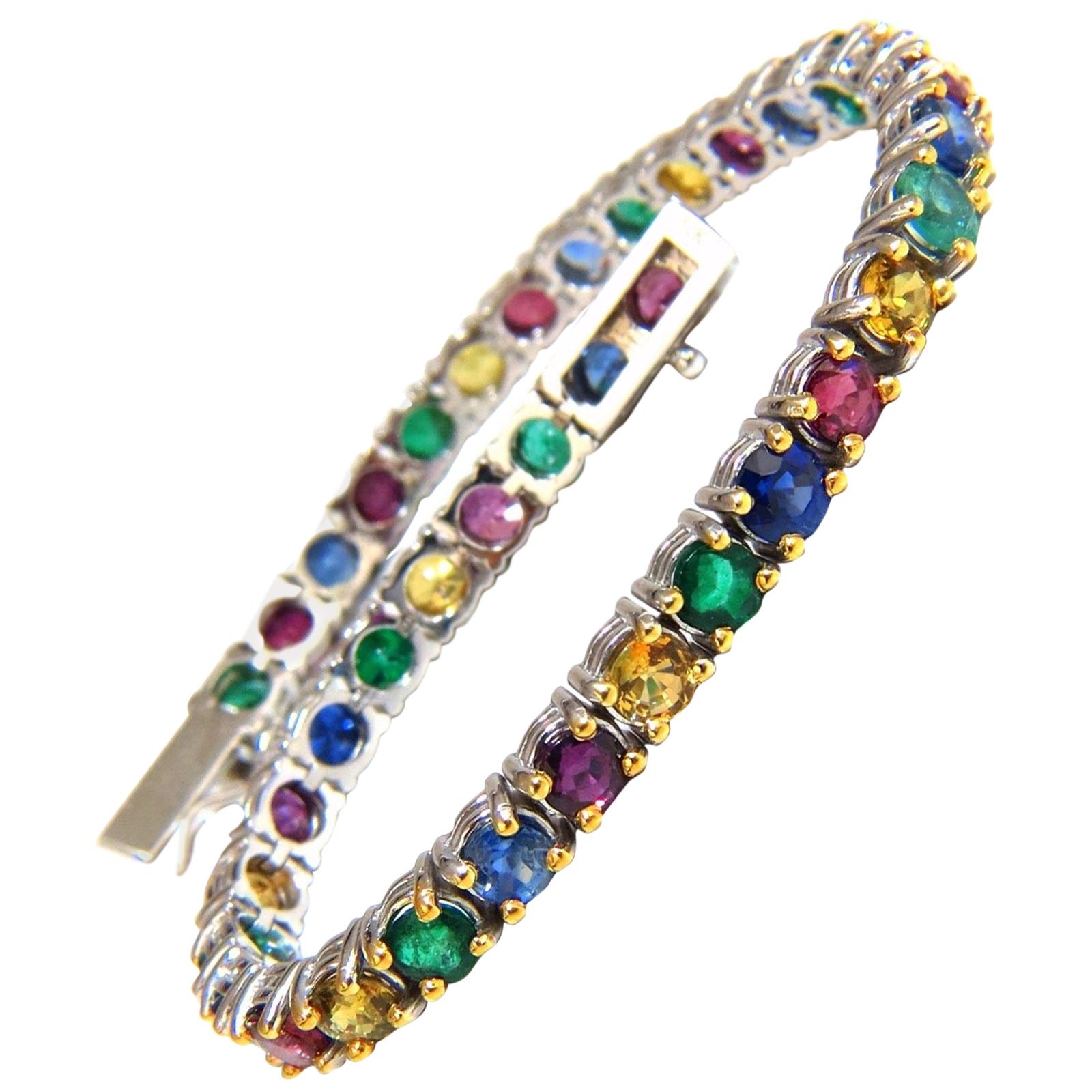 12ct natural ruby emerald sapphires diamond tennis bracelet 14kt gem line en vente