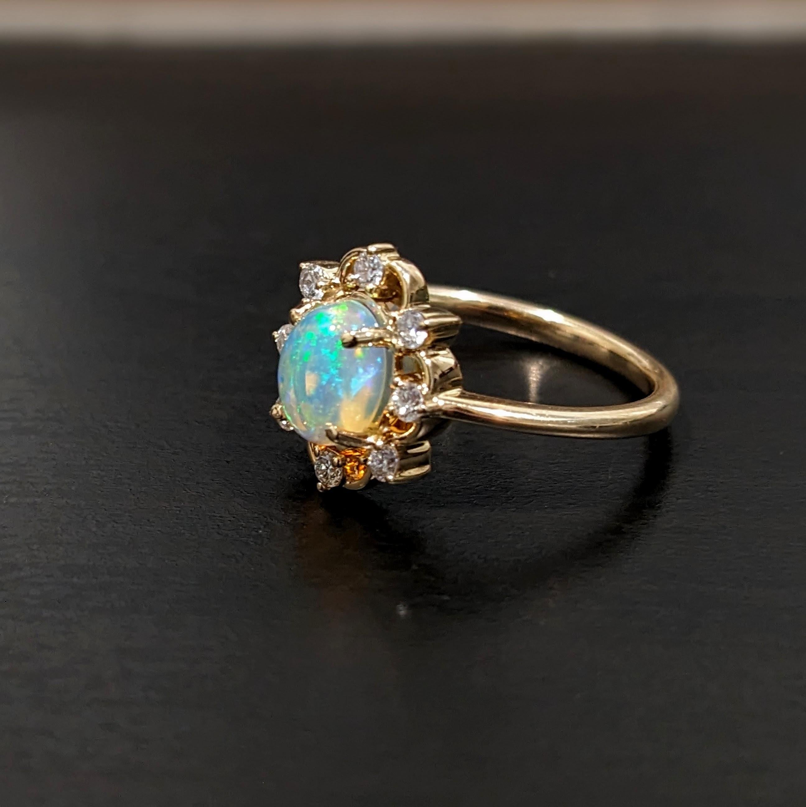 Art Deco 1.2ct Opal Ring w Natural Diamonds in Solid 14K Yellow Gold Oval Cut 7x5mm For Sale