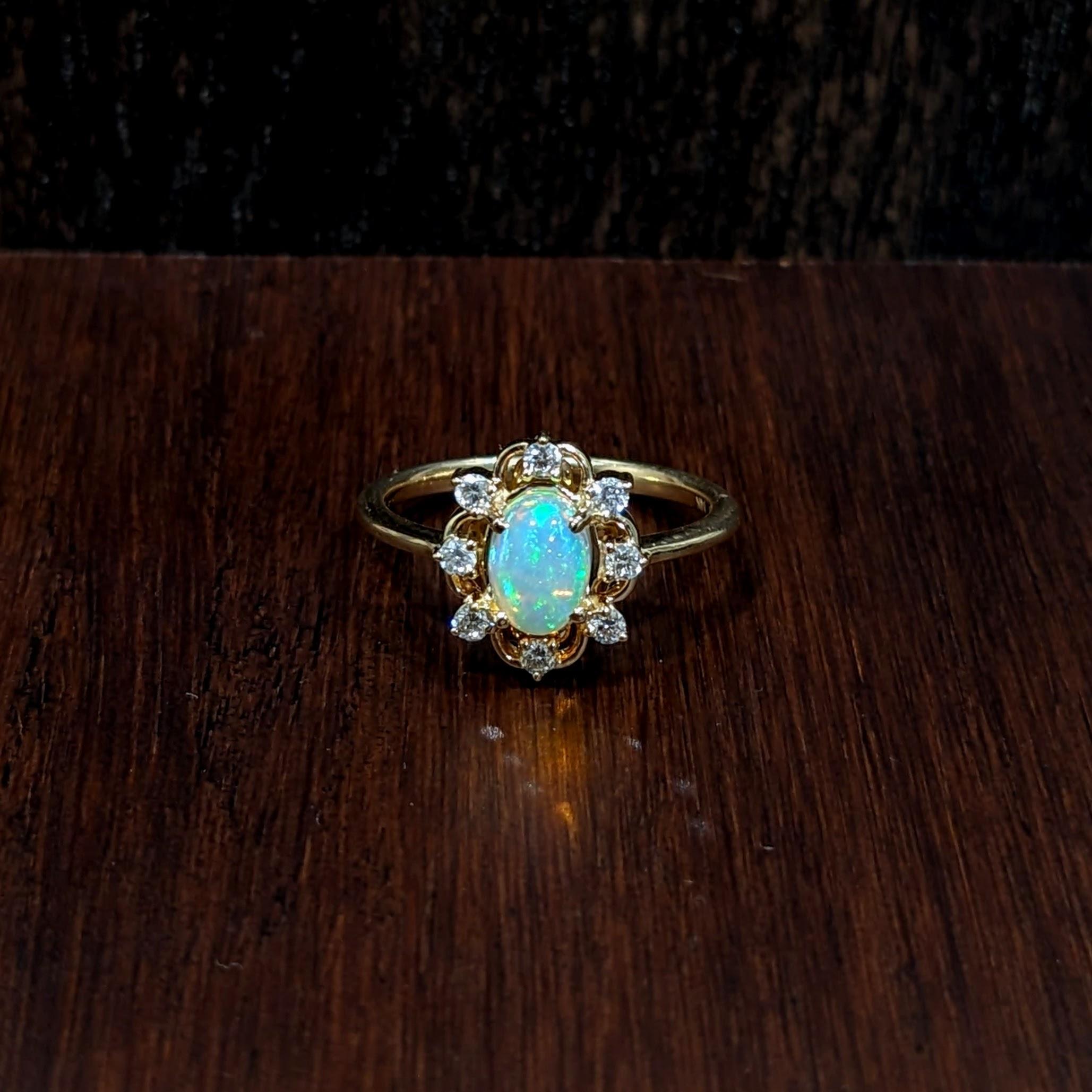1.2ct Opal Ring w Natural Diamonds in Solid 14K Yellow Gold Oval Cut 7x5mm In New Condition For Sale In Columbus, OH