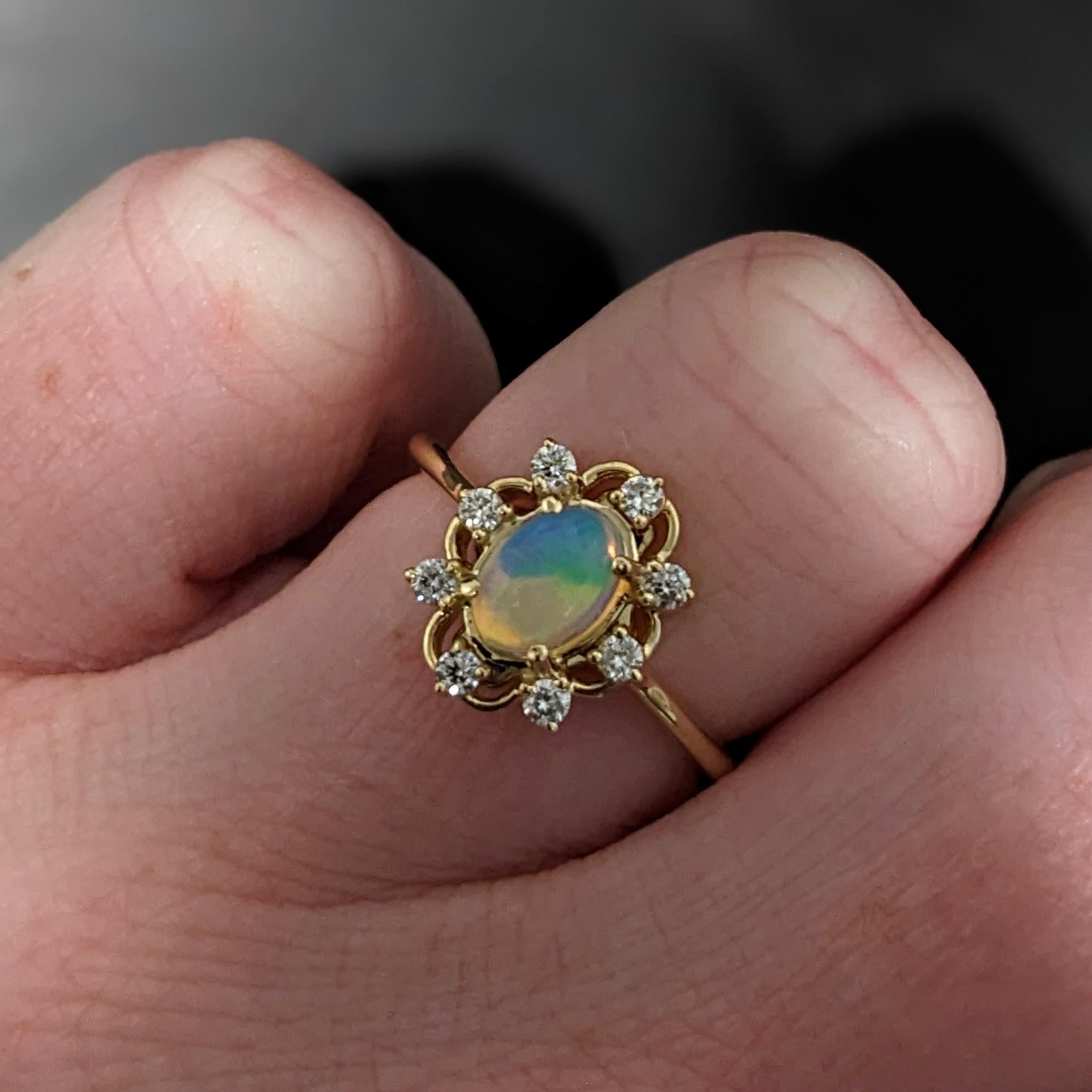 1.2ct Opal Ring w Natural Diamonds in Solid 14K Yellow Gold Oval Cut 7x5mm For Sale 2