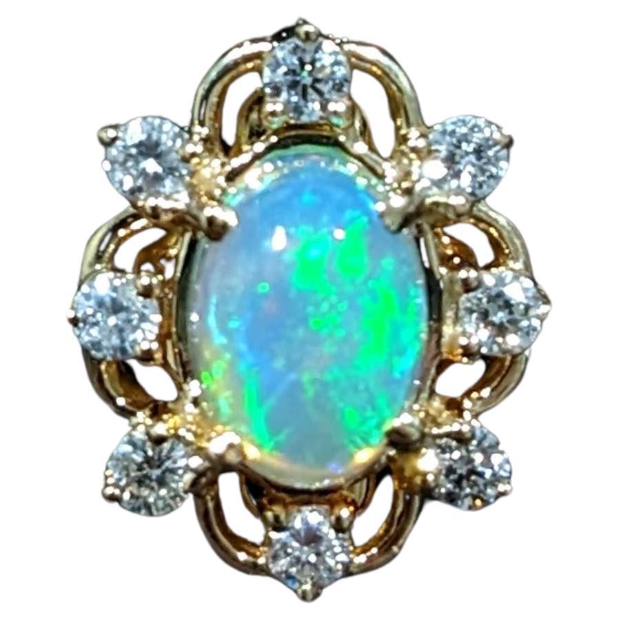 1.2ct Opal Ring w Natural Diamonds in Solid 14K Yellow Gold Oval Cut 7x5mm For Sale