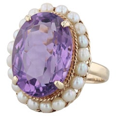 12ct Oval Amethyst Pearl Halo Ring 14k Yellow Gold Size 8 Cocktail