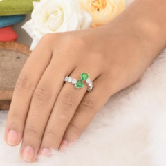 1.2ct Pear Natural Heart Emerald 1.81ct Diamond Bypass Ring 18k White Gold