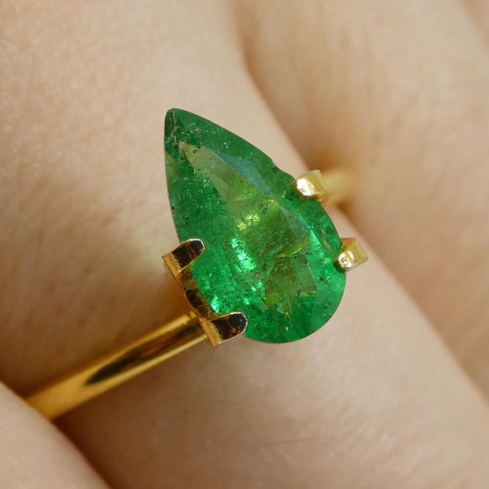 Description:

Gem Type: Emerald
Number of Stones: 1
Weight: 1.2 cts
Measurements: 10.22 x 5.88 x 3.65 mm
Shape: Pear Shape
Cutting Style Crown: Brilliant Cut
Cutting Style Pavilion: Step Cut
Transparency: Transparent
Clarity: Moderately Included: