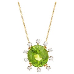 12ct Peridot Diamond Necklace Vintage 18k Yellow Gold Choker Length Jewelry