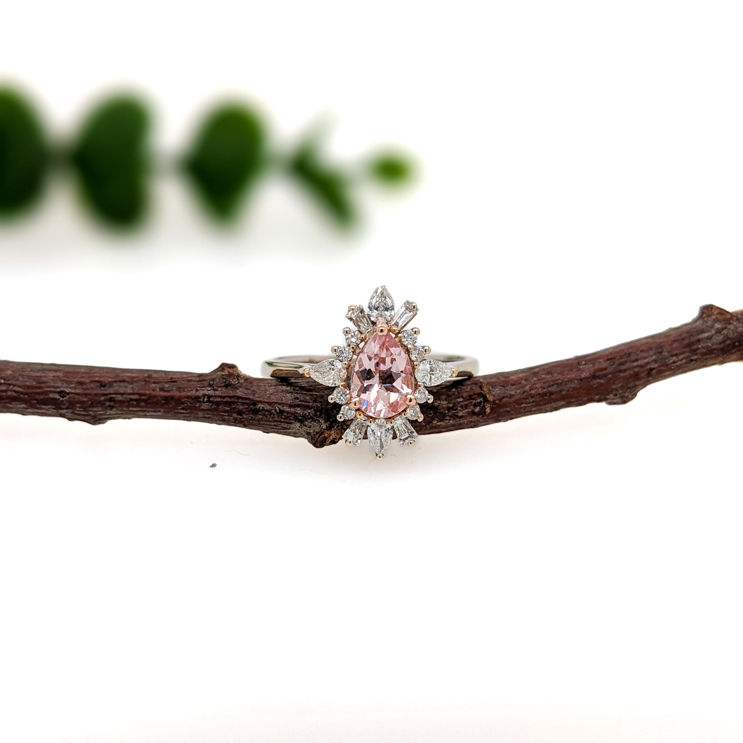 Art Deco 1.2ct Pink Morganite Ring w Natural Diamond Halo in 14K Solid Gold Pear 7x5mm For Sale