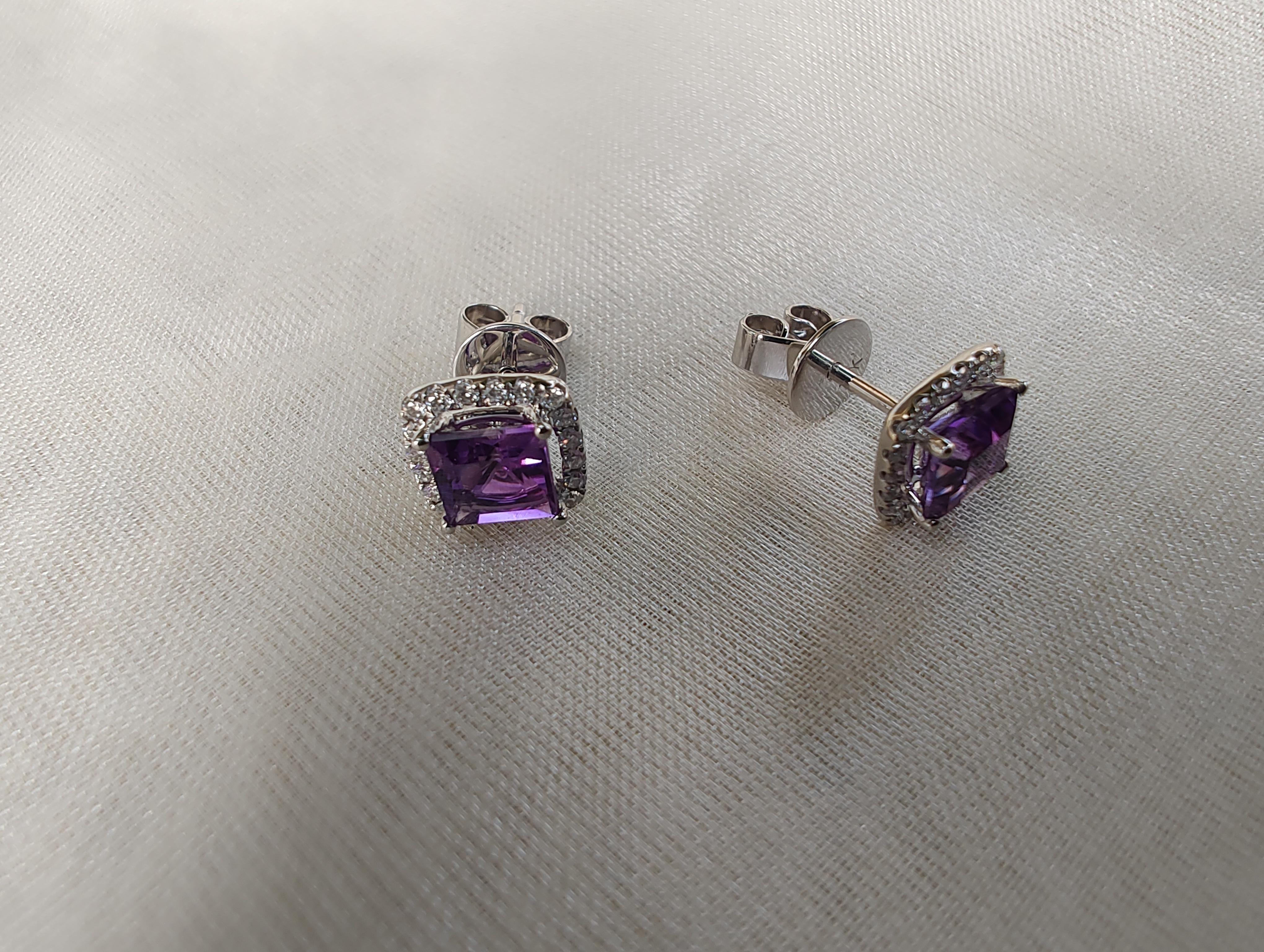 Artisan 1.2ct Princess Cut Halo Amethyst and Diamond Stud Earrings in 18ct White Gold For Sale