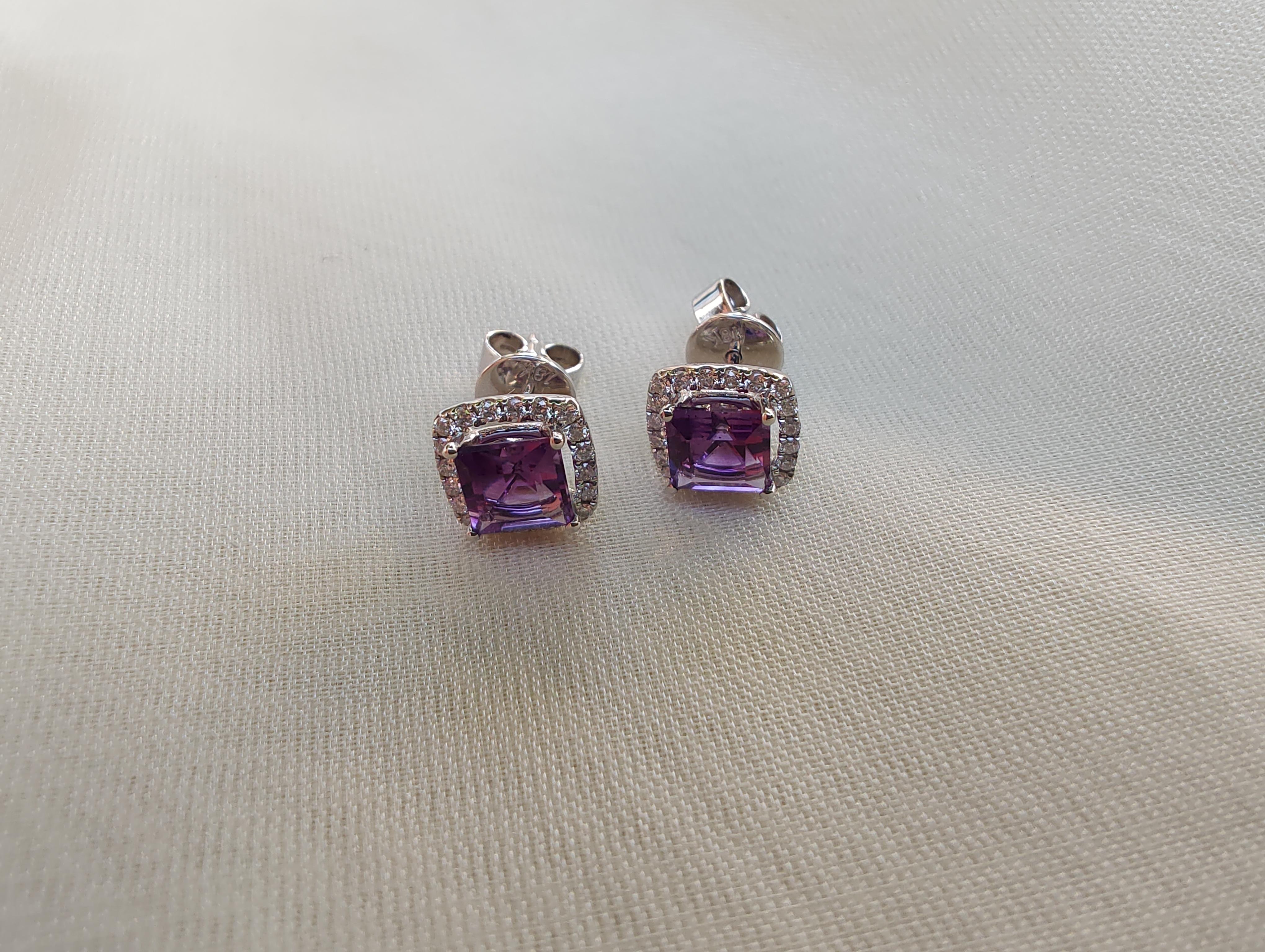 1.2ct Princess Cut Halo Amethyst and Diamond Stud Earrings in 18ct White Gold In New Condition For Sale In LEEDERVILLE, WA