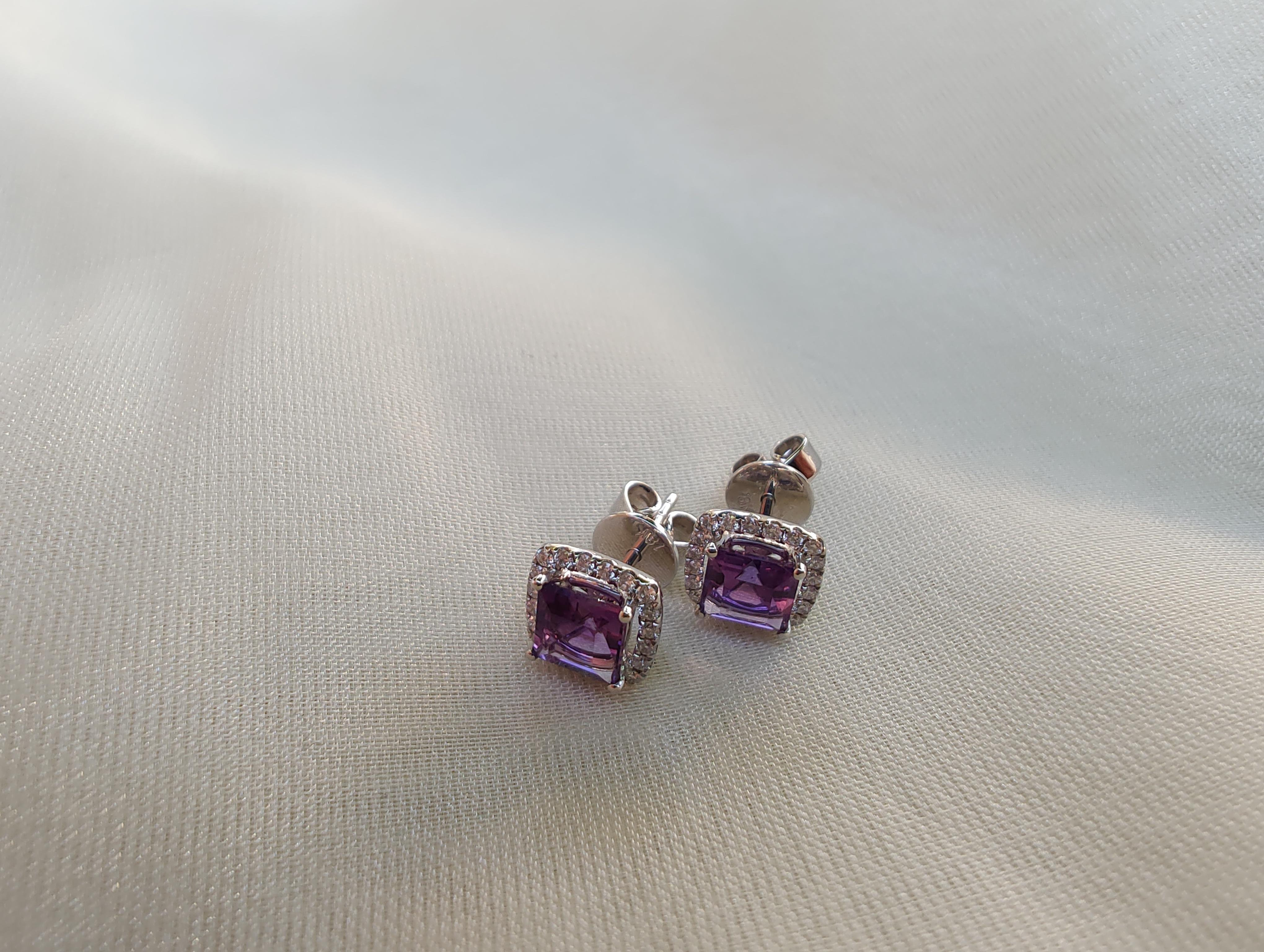 Women's 1.2ct Princess Cut Halo Amethyst and Diamond Stud Earrings in 18ct White Gold For Sale