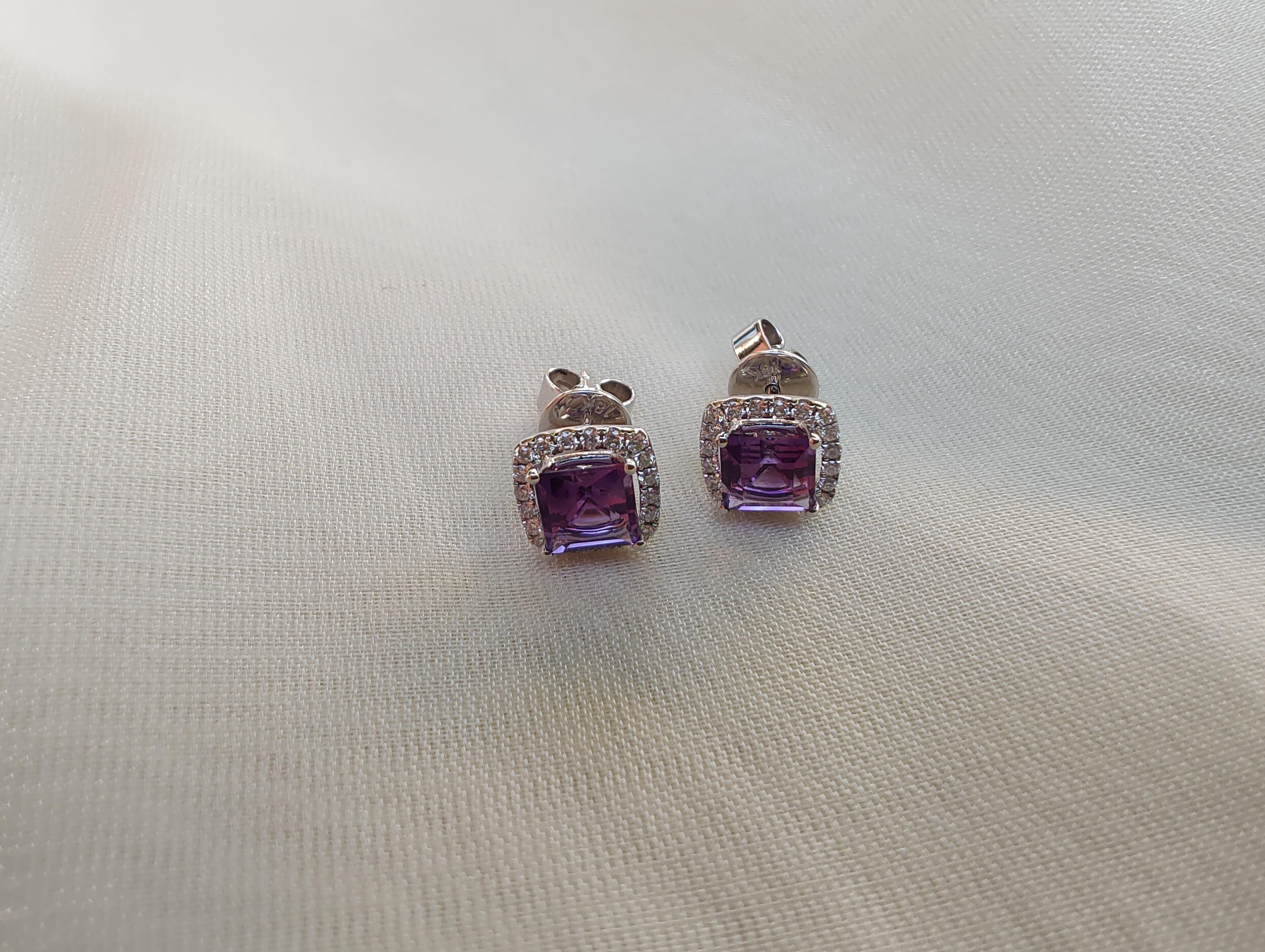 1.2ct Princess Cut Halo Amethyst and Diamond Stud Earrings in 18ct White Gold For Sale 4