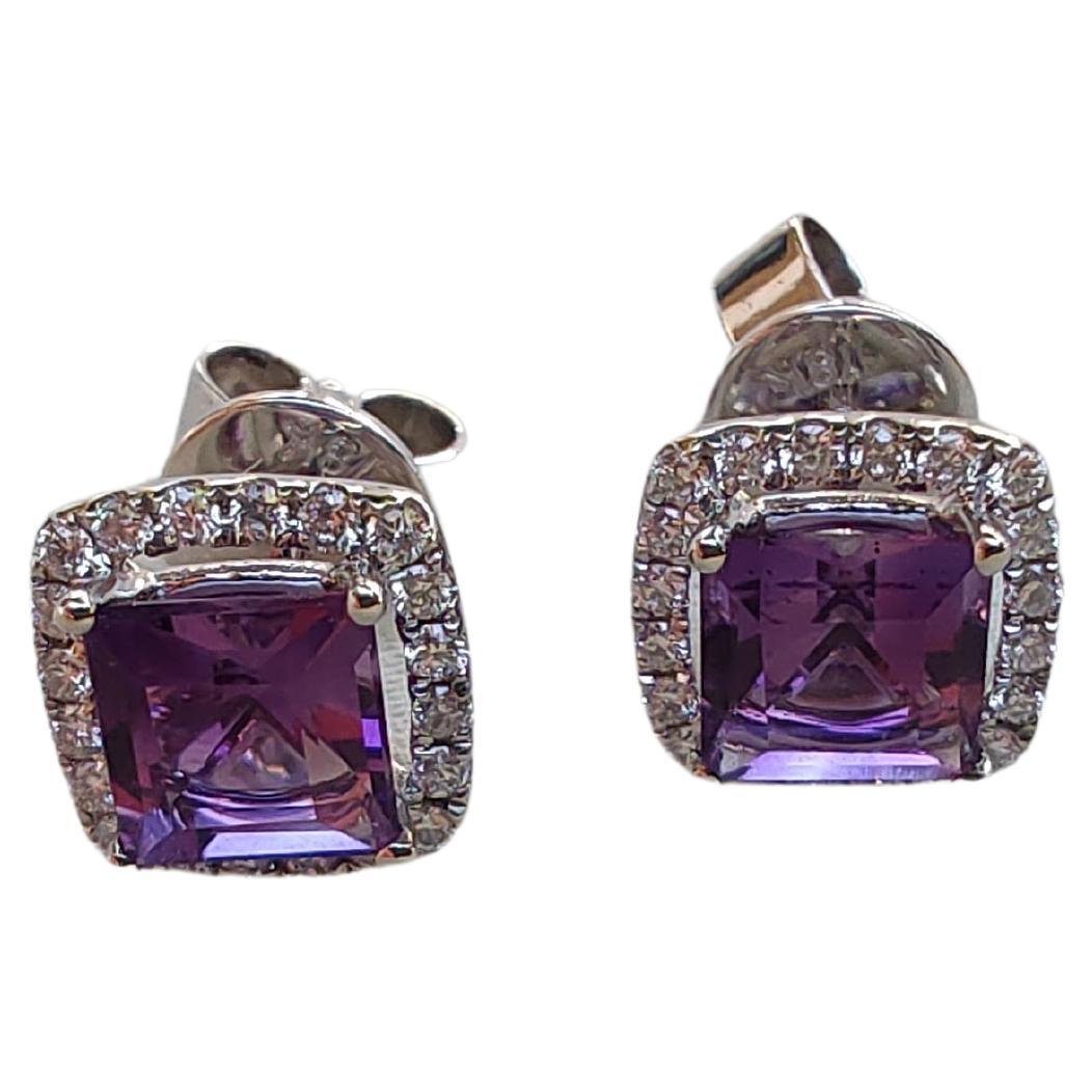 1.2ct Princess Cut Halo Amethyst and Diamond Stud Earrings in 18ct White Gold For Sale
