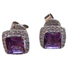 1.2ct Princess Cut Halo Amethyst and Diamond Stud Earrings in 18ct White Gold