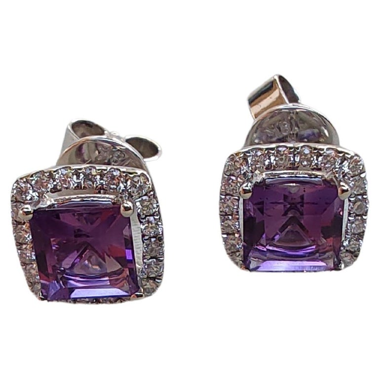 1.2ct Princess Cut Halo Amethyst and Diamond Stud Earrings in 18ct