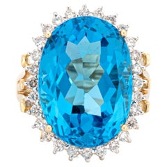 12ct Swiss Blue Topaz Diamond Ring Vintage 14k Yellow Gold Cocktail Oval Sz 6.5