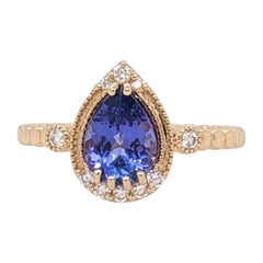 1.2ct Tanzanite Ring w Diamond Halo in 14K Solid Yellow Gold Pear Cut 8x6mm