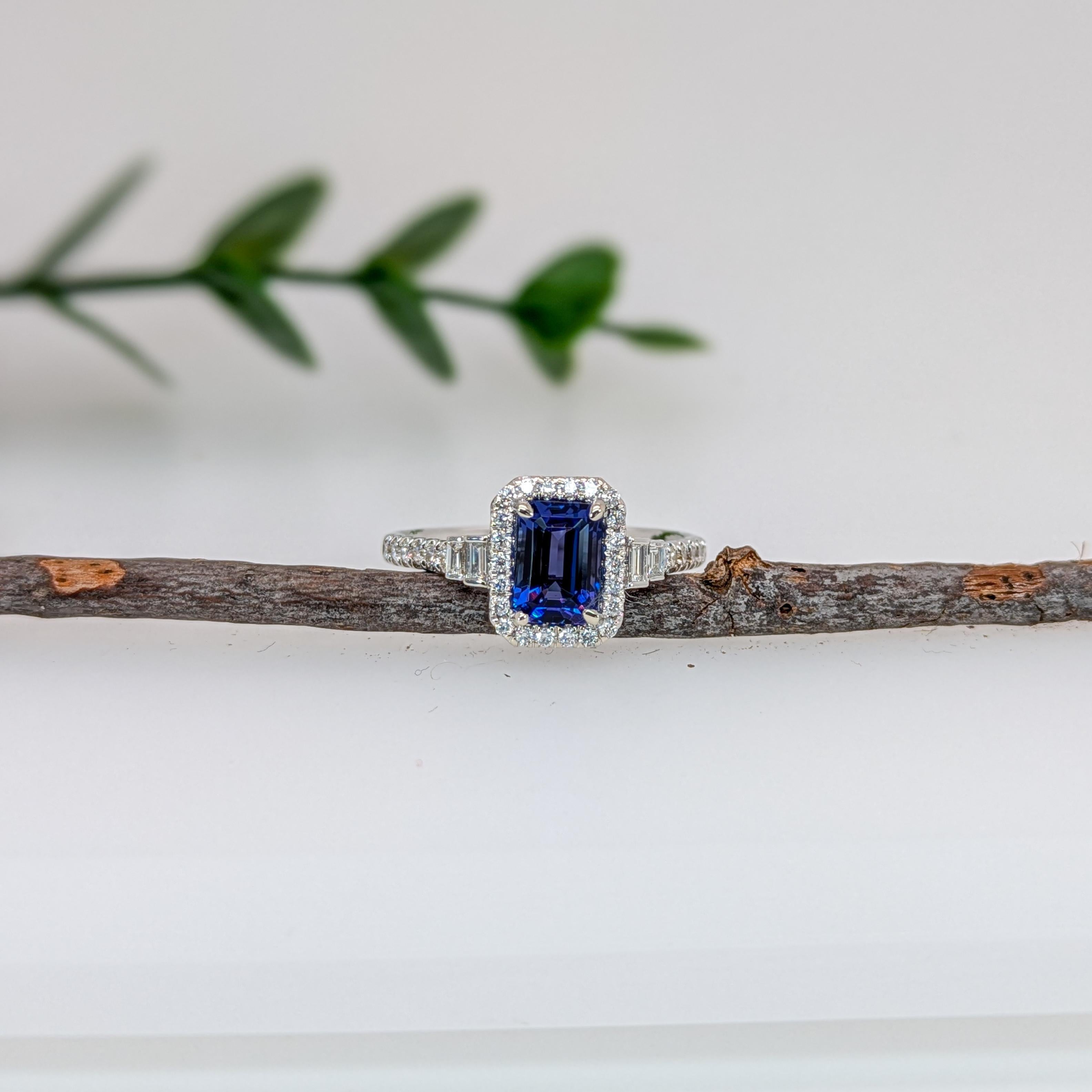 Art Deco 1.2ct Tanzanite Ring w Earth Mined Diamonds in Solid 14K White Gold  EM 7x5mm For Sale
