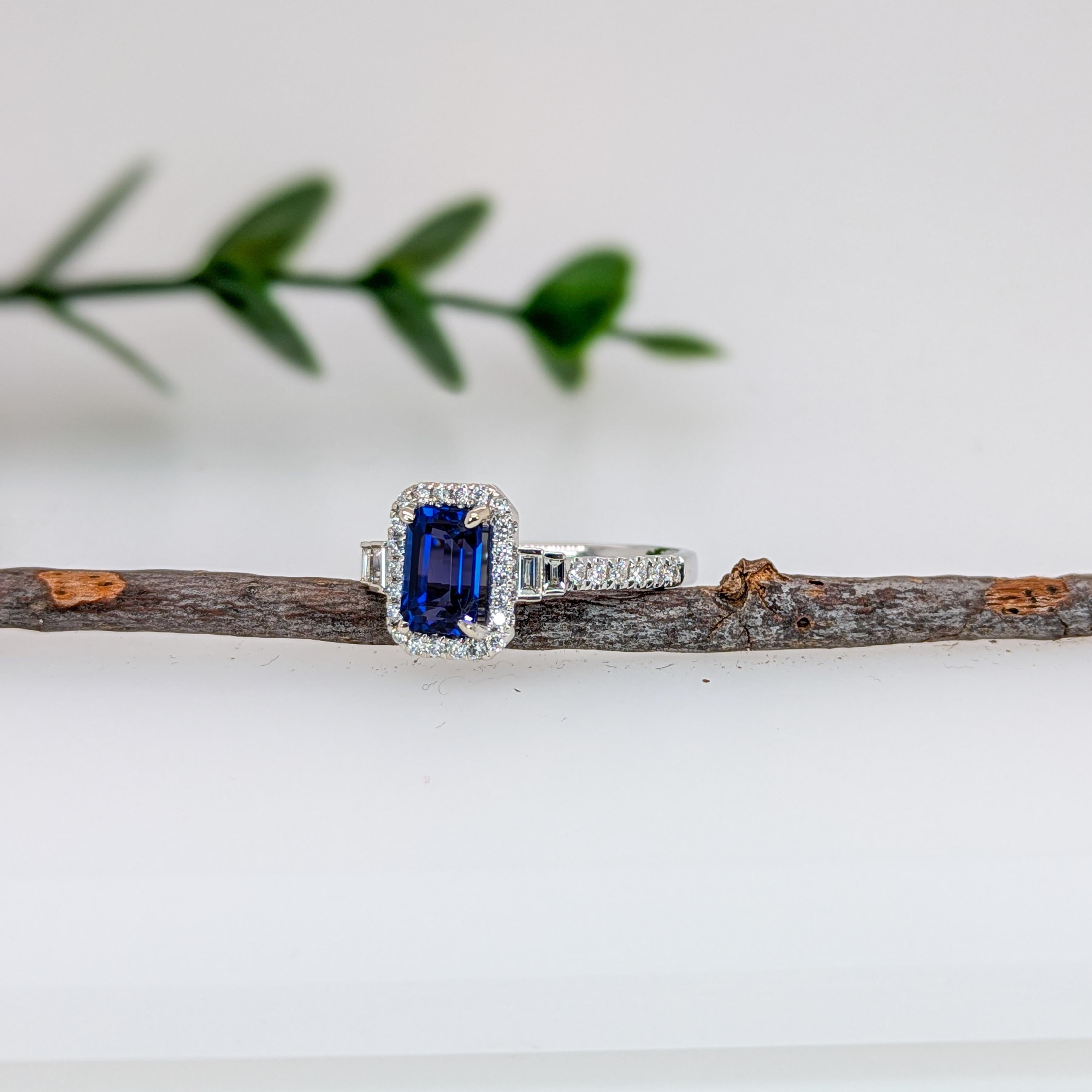 Emerald Cut 1.2ct Tanzanite Ring w Earth Mined Diamonds in Solid 14K White Gold  EM 7x5mm For Sale