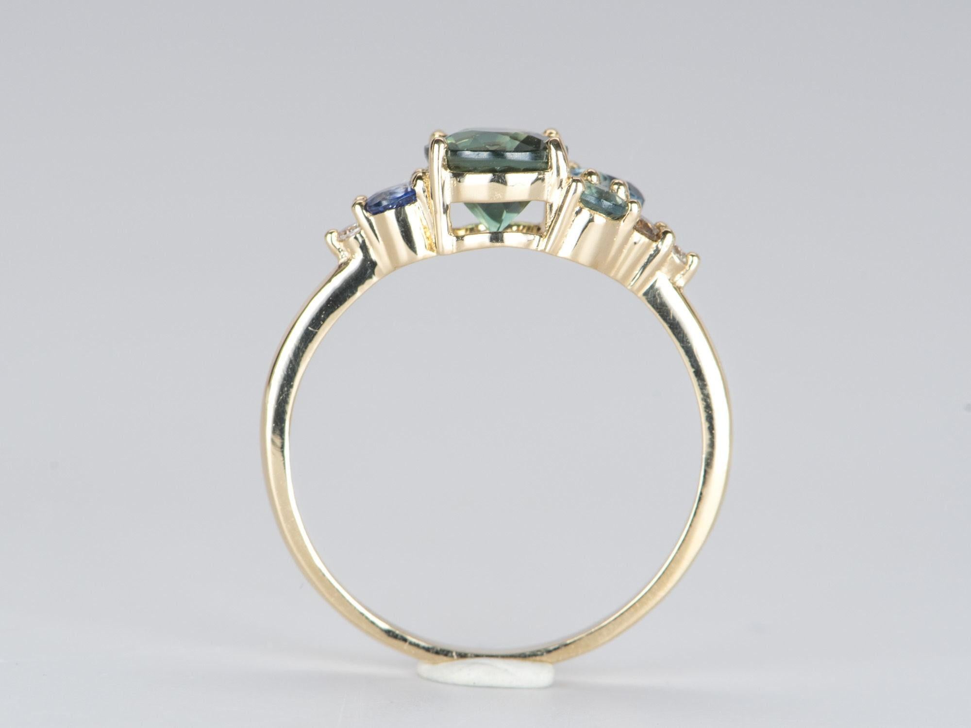 Round Cut 1.2ct Teal Blue Sapphire Cluster Ring 14K Gold Diamond Topaz Tourmaline R6295