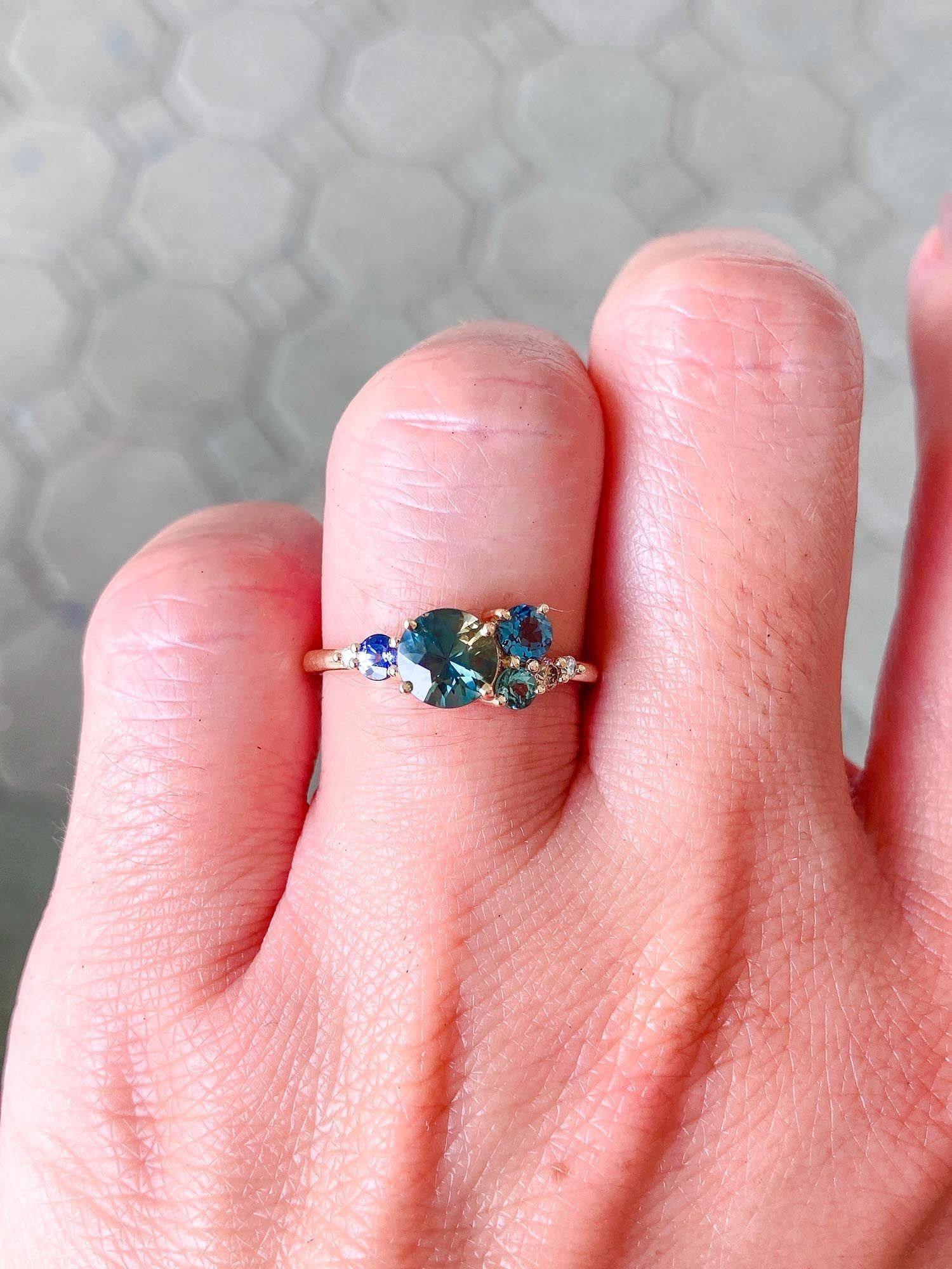 1.2ct Teal Blue Sapphire Cluster Ring 14K Gold Diamond Topaz Tourmaline R6295 In New Condition In Osprey, FL