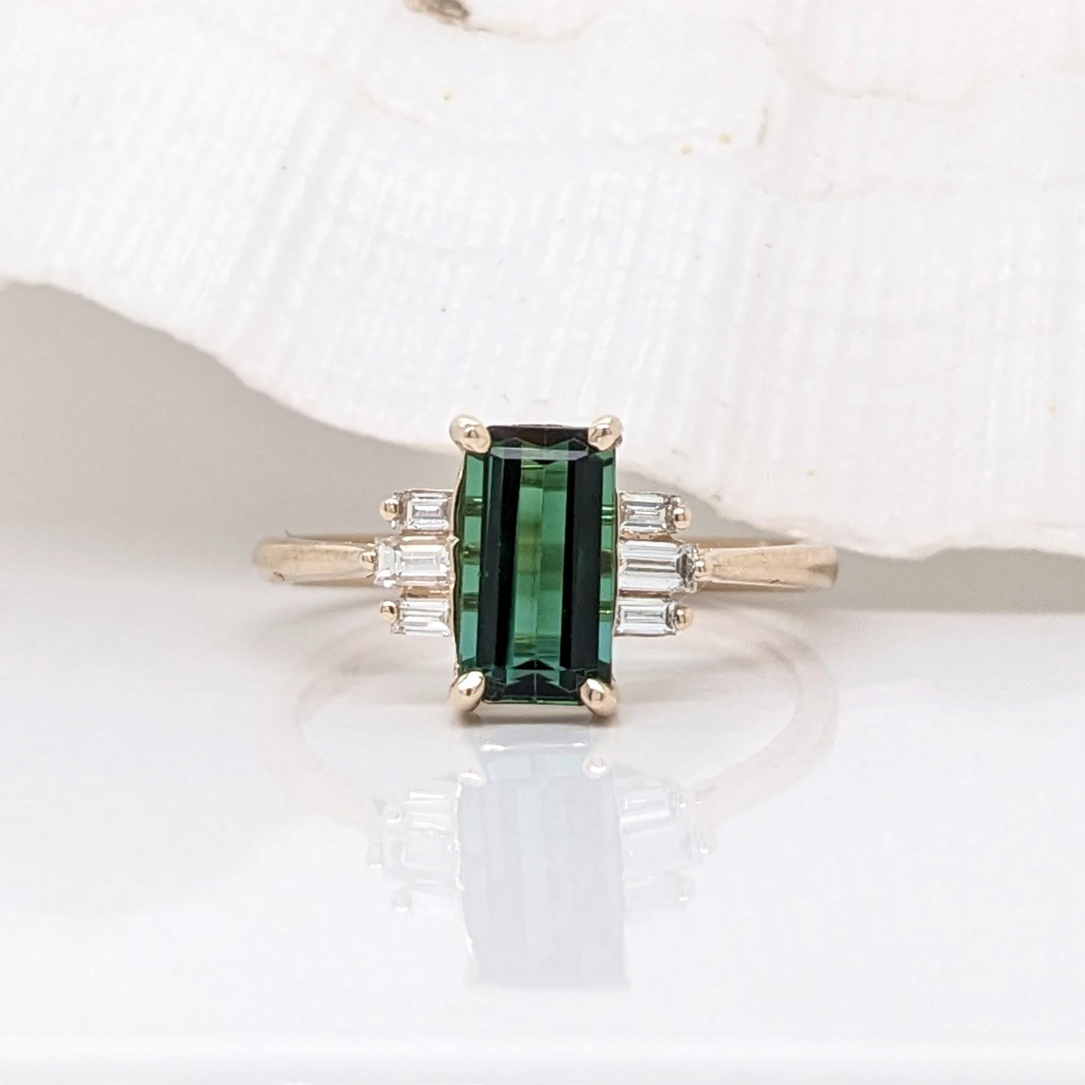 Modernist 1.2ct Tourmaline Ring w Diamond Accents in 14K Solid Yellow Gold Emerald 9x5mm For Sale
