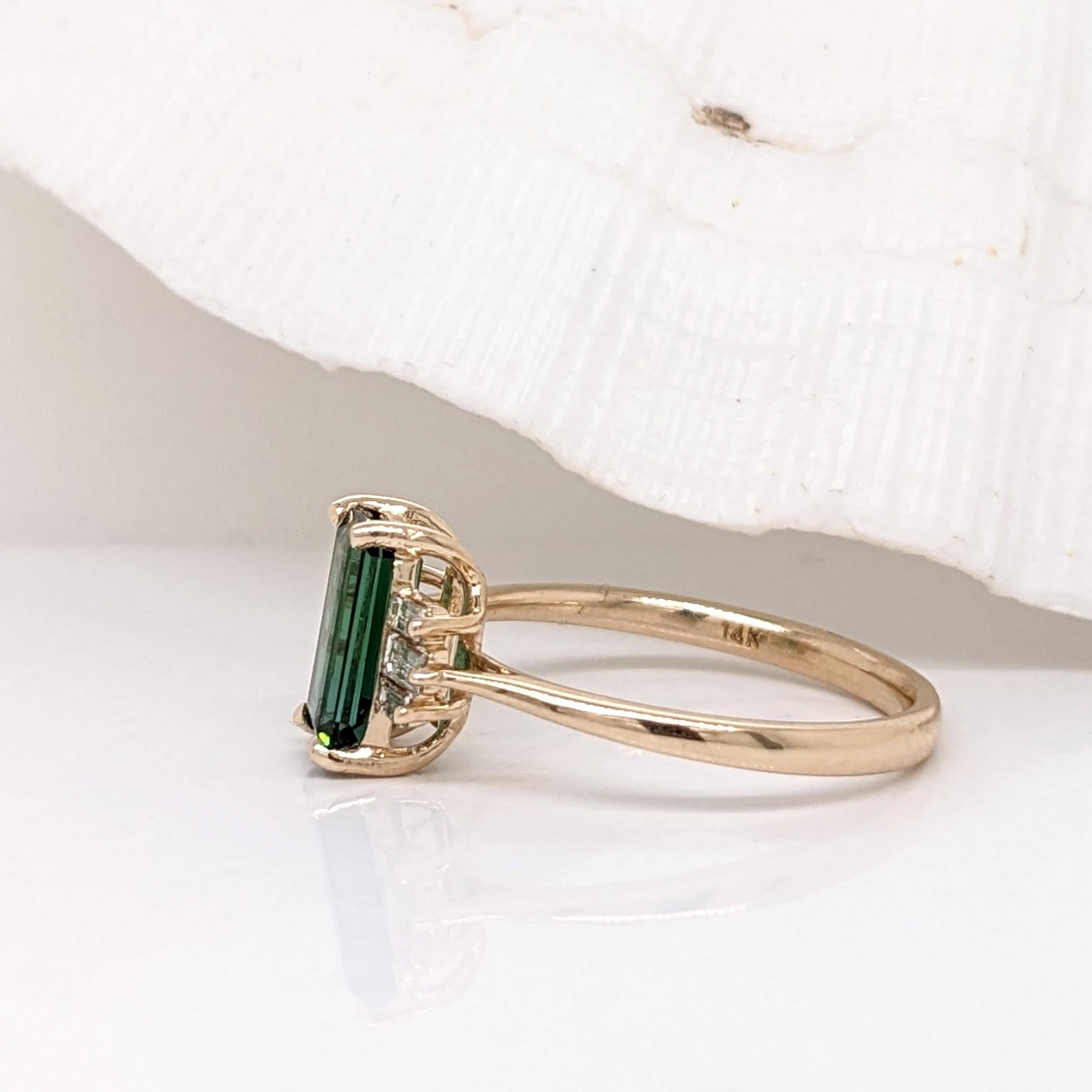 Emerald Cut 1.2ct Tourmaline Ring w Diamond Accents in 14K Solid Yellow Gold Emerald 9x5mm For Sale
