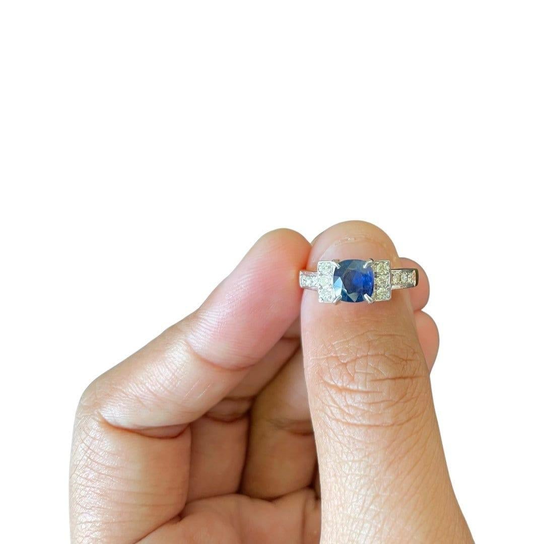 Cushion Cut 1.2Ct Unheated Mogok Blue Sapphire Ring For Sale