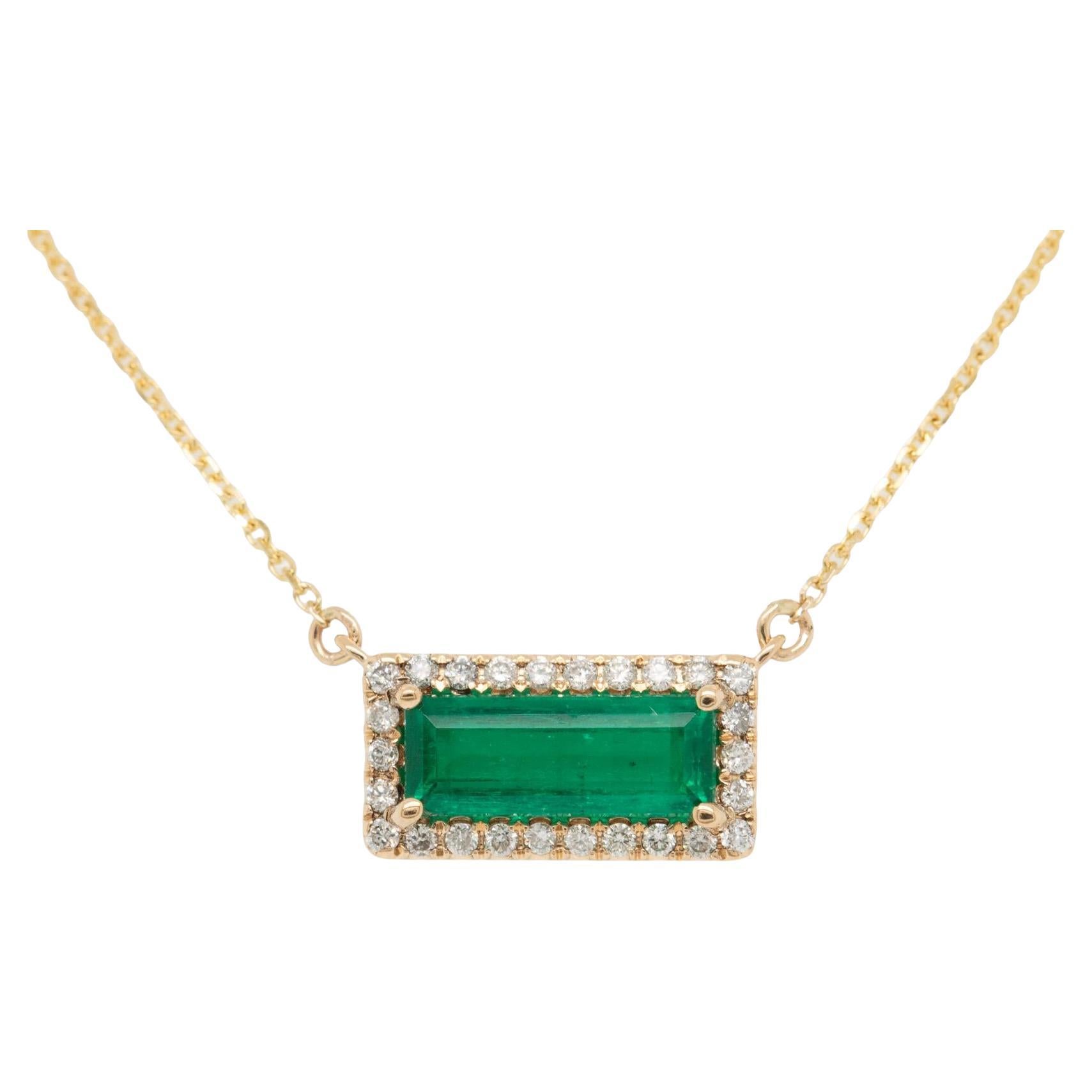 1.2cts Colombian Emerald Necklace with Natural Diamonds Accents: Solid 14k Gold