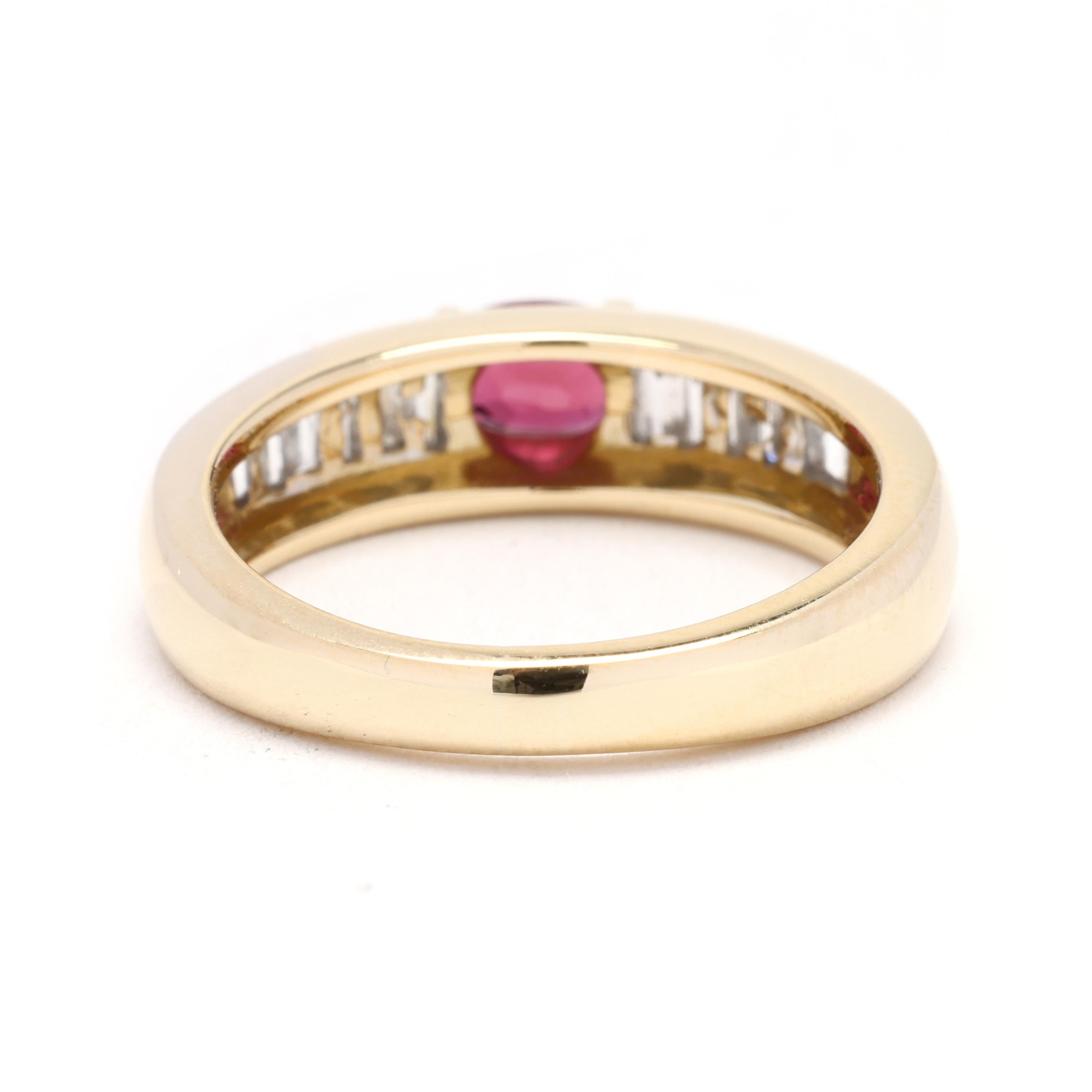 Baguette Cut 1.2ctw Diamond and Ruby Engagement Ring, 18k Yellow Gold, Ring Size 6.75 For Sale
