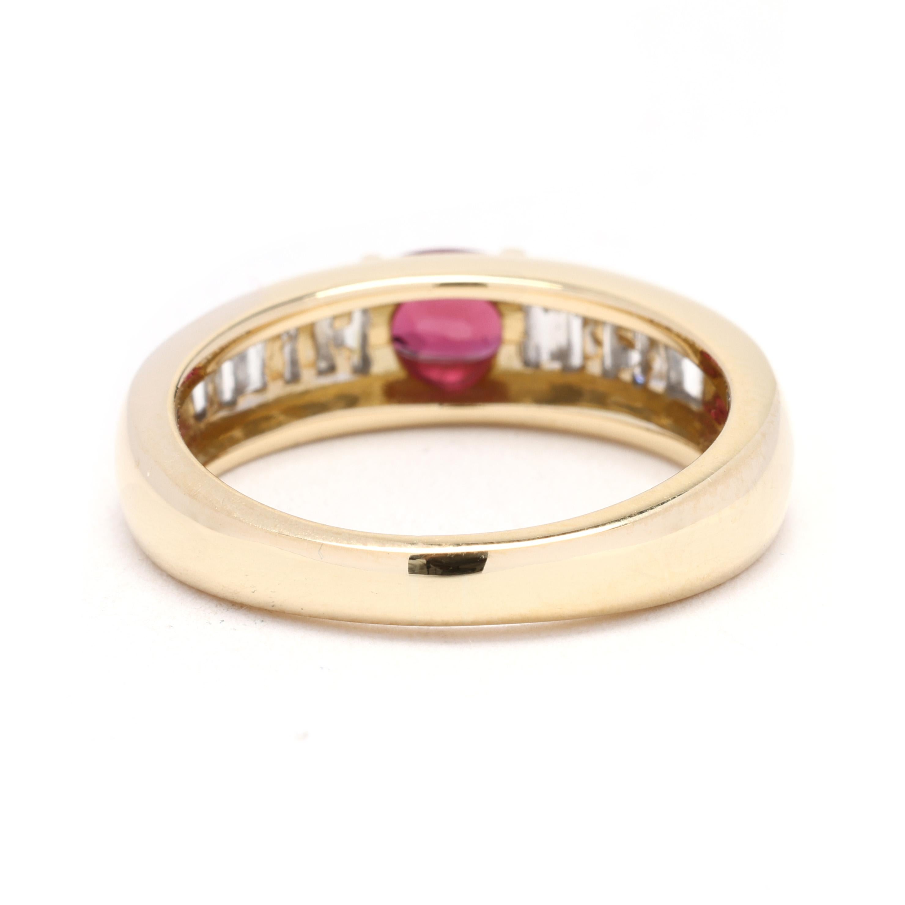 Taille baguette Bague de fiançailles en or jaune 18 carats avec diamants et rubis de 1,2 ctw, taille de bague 6,75 en vente