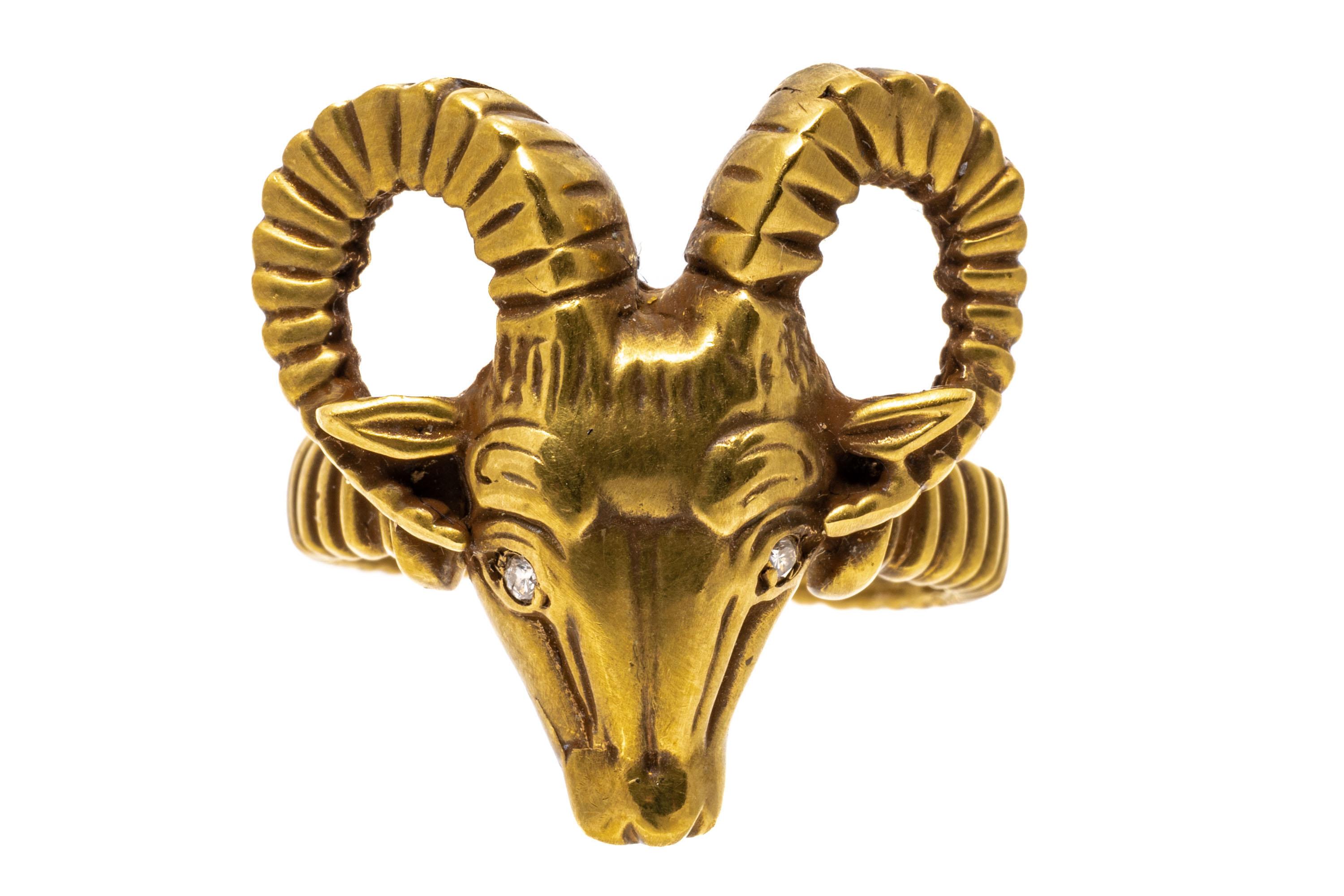 12 Karat brüniertes Gelbgold Figuraler Widderkopf-Ring mit Diamant-Augen 5