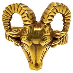 12k Burnished Yellow Gold Figural Rams Head Ring with Diamond Eyes