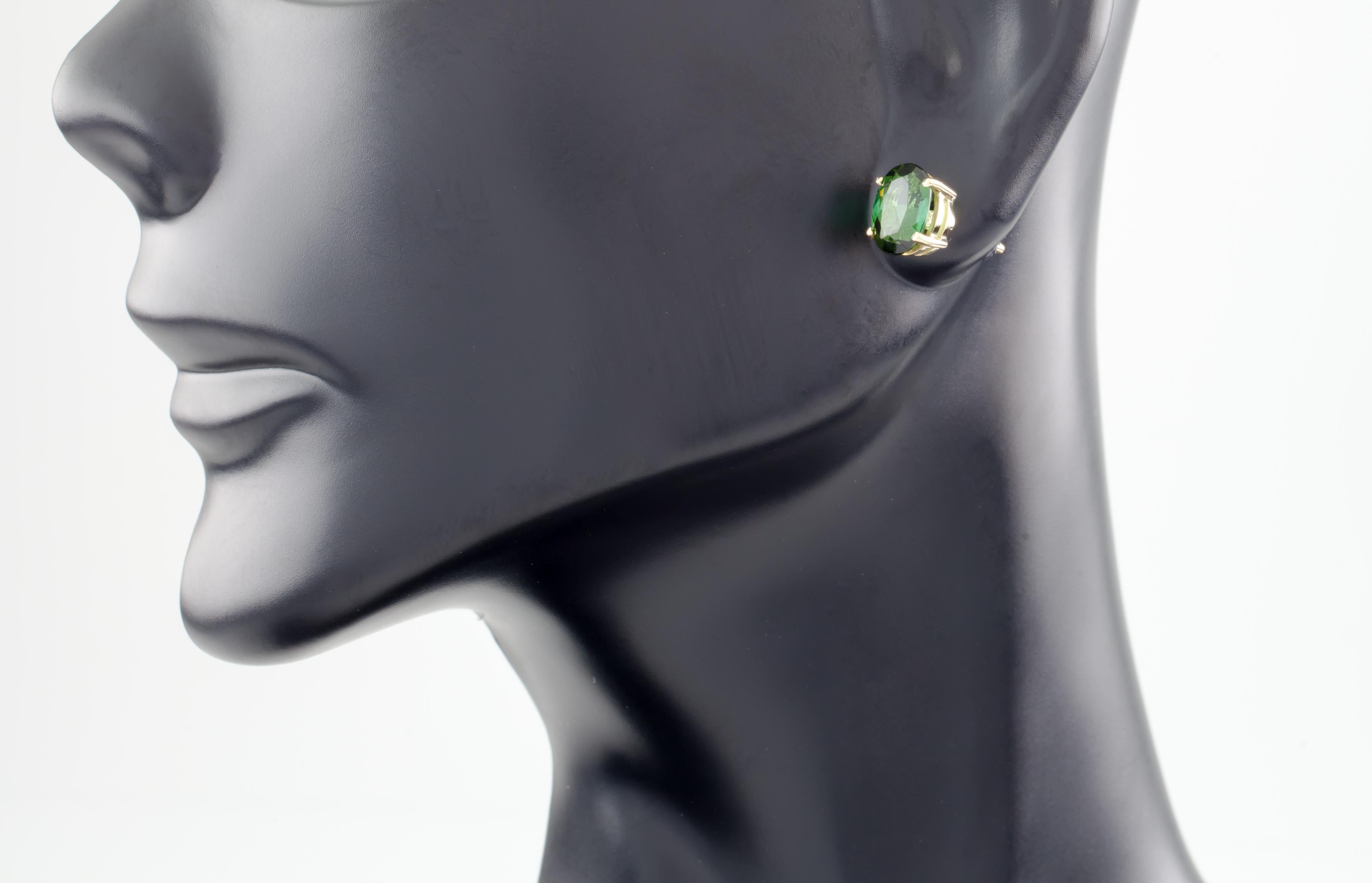 Modern 12k Gold and Green Tourmaline Oval Cut Solitaire Stud Earrings For Sale