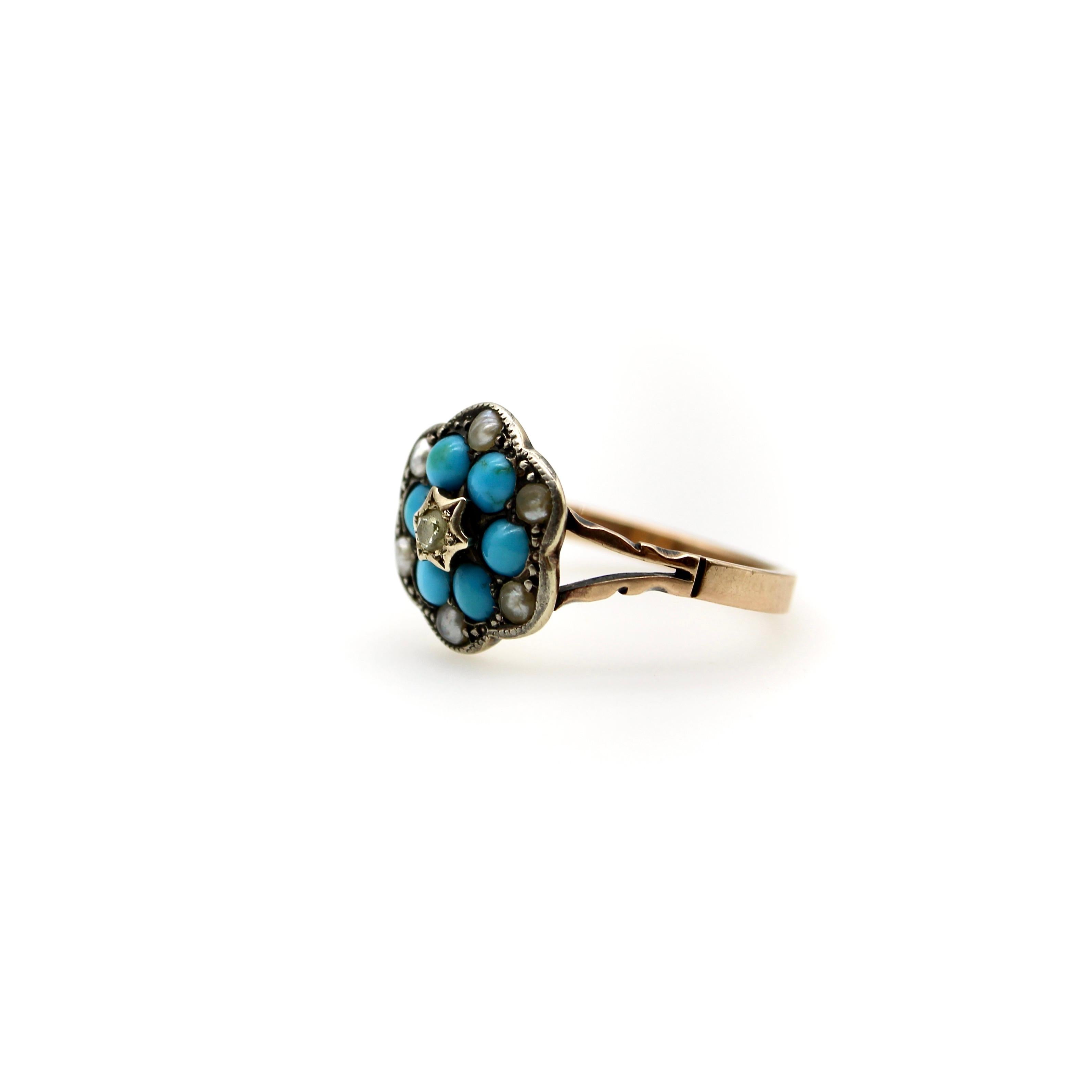 Rose Cut 12K Gold and Sterling Silver Diamond Turquoise and Pearl Ring, Early Victorian  For Sale